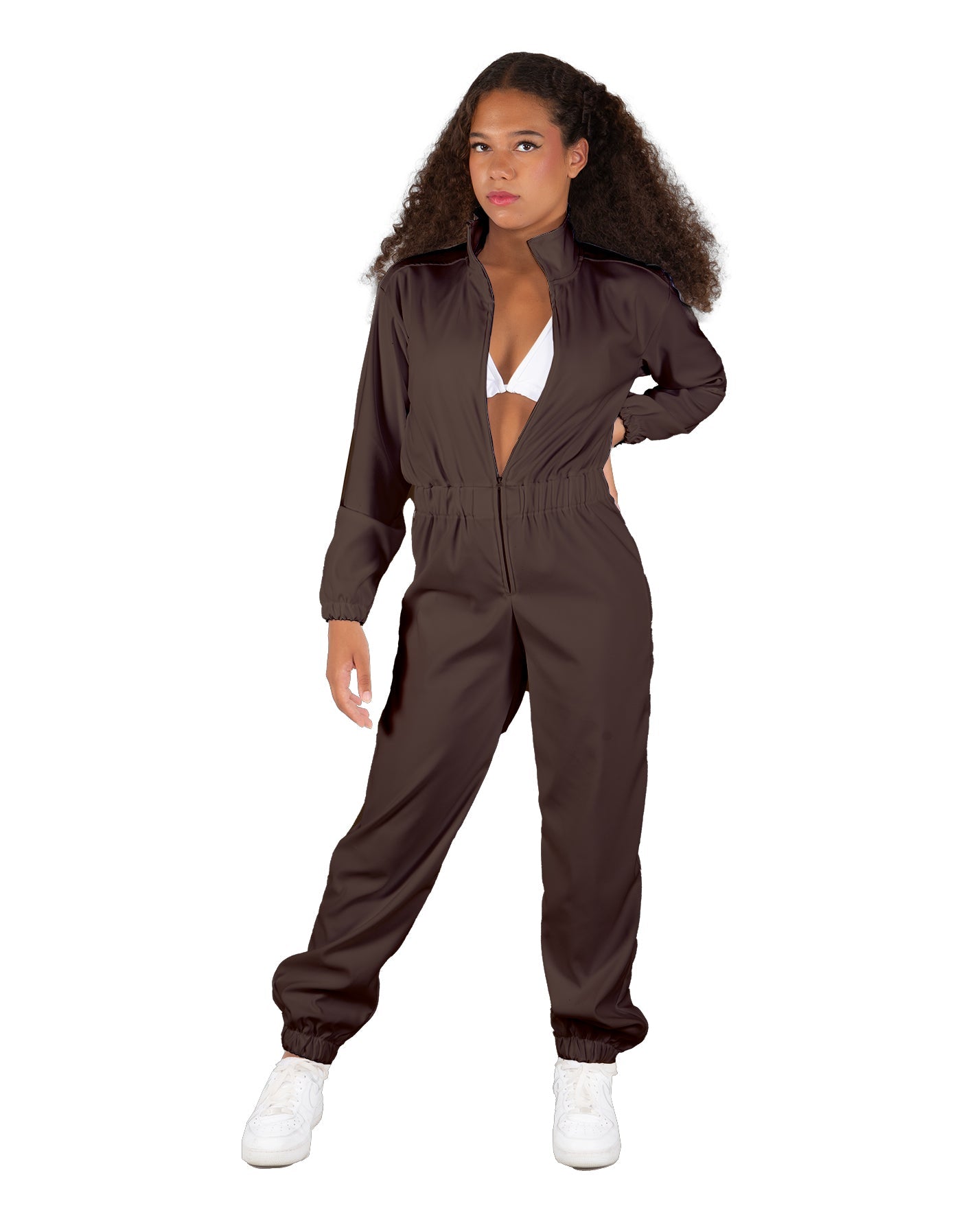 Solid Matte Satin Jumpsuit with Tall Collar