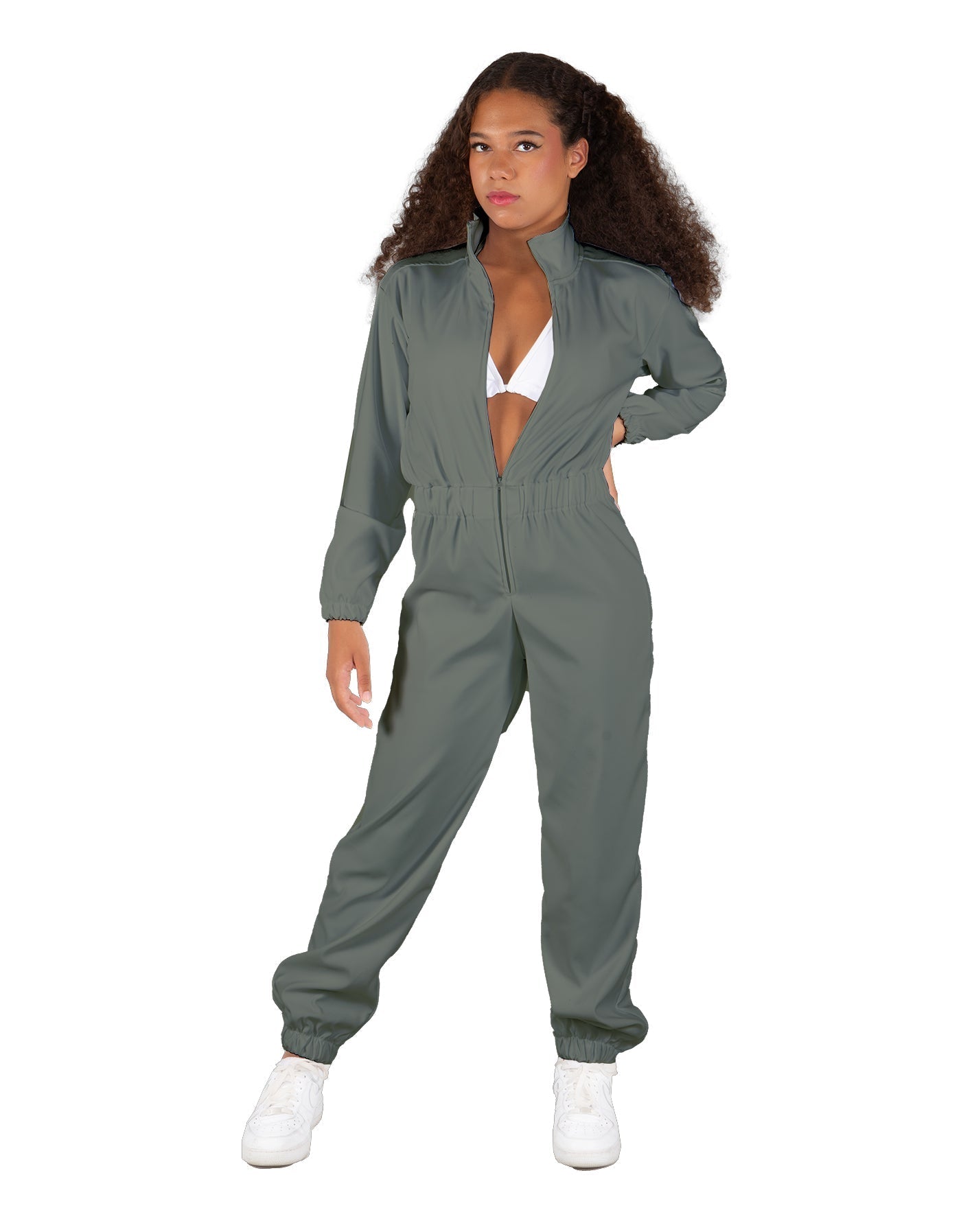 Solid Matte Satin Jumpsuit with Tall Collar