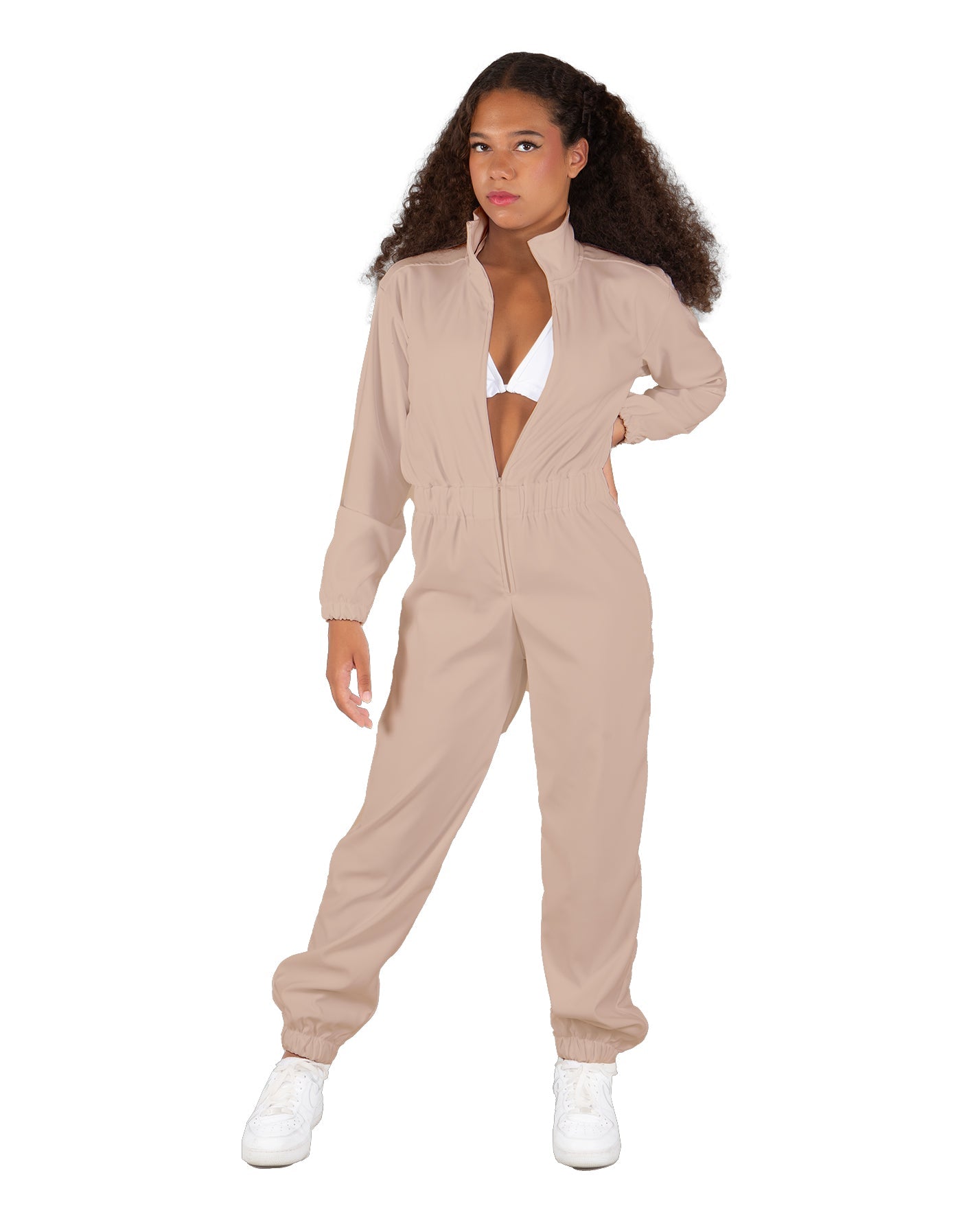 Solid Matte Satin Jumpsuit with Tall Collar