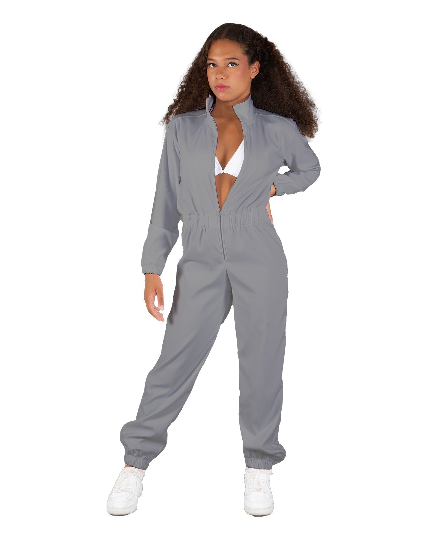 Solid Matte Satin Jumpsuit with Tall Collar