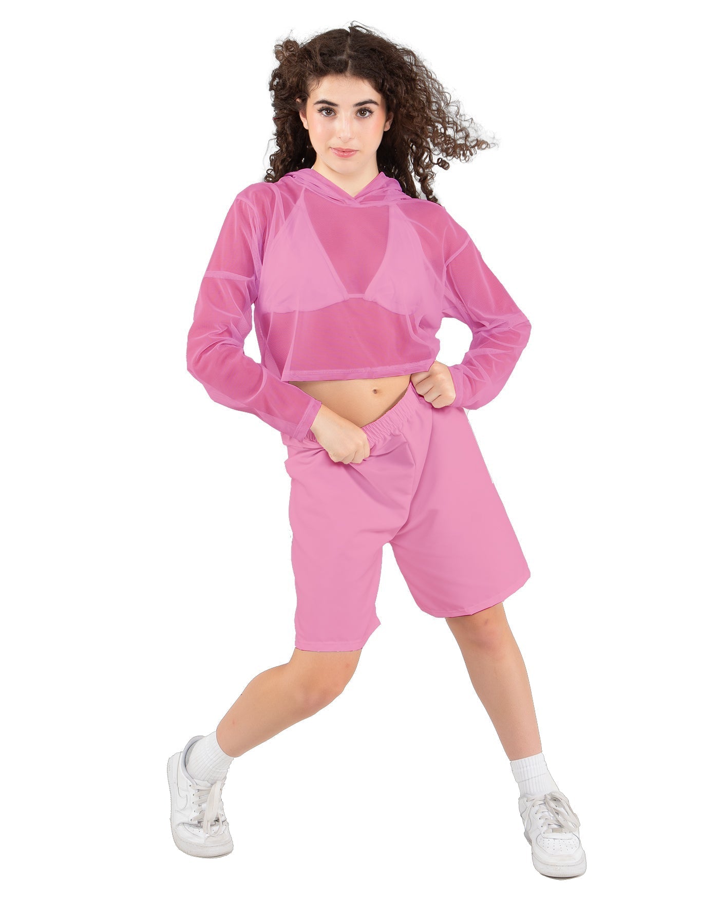 Solid Loose Mesh Hooded Top