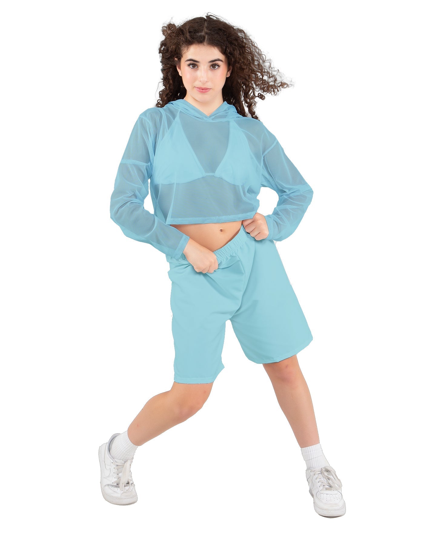 Solid Loose Mesh Hooded Top