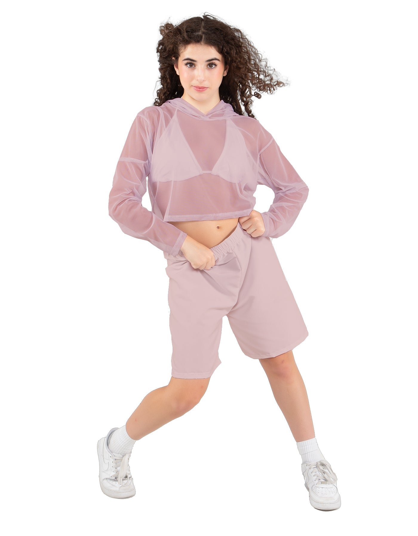 Solid Loose Mesh Hooded Top