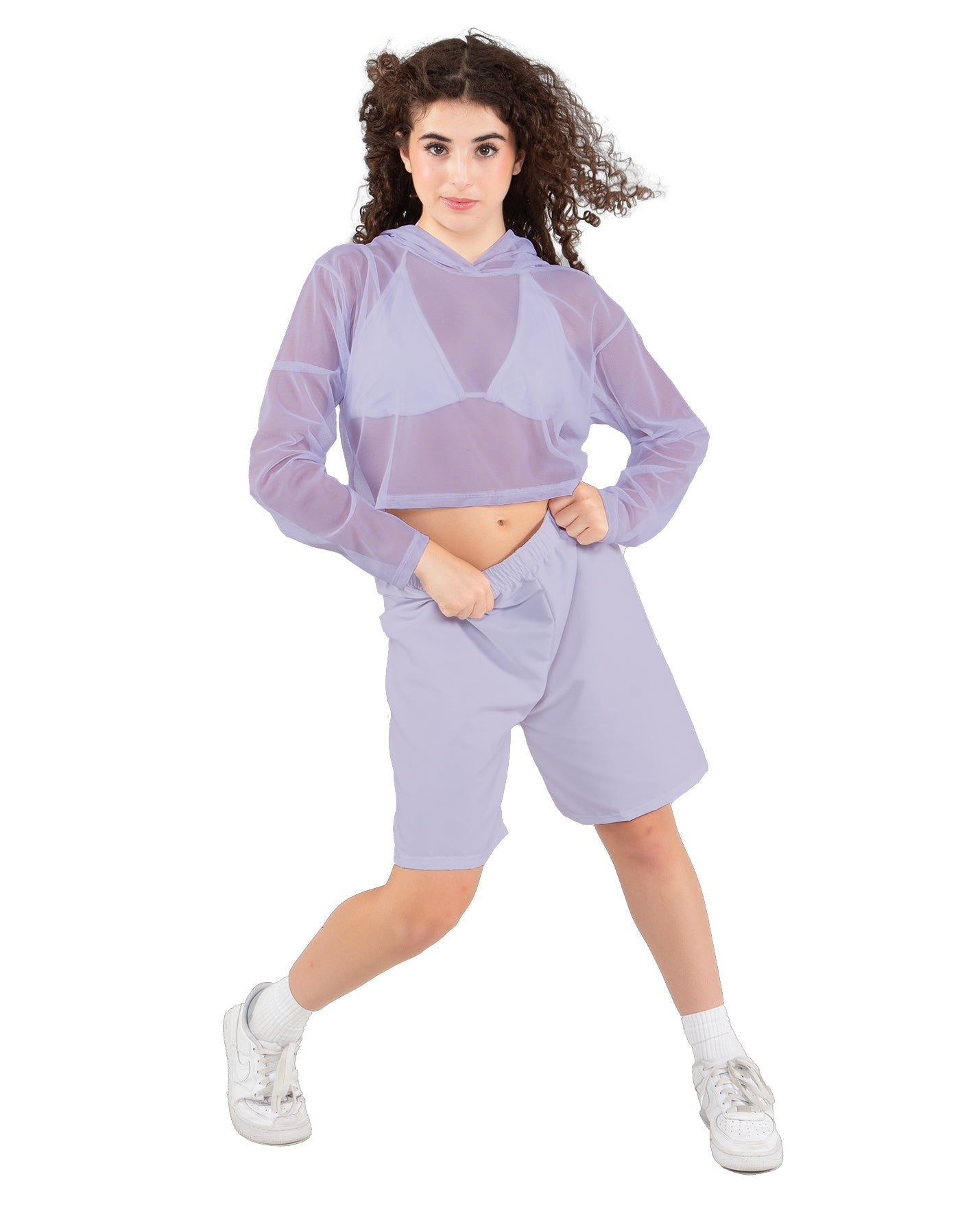 Solid Loose Mesh Hooded Top