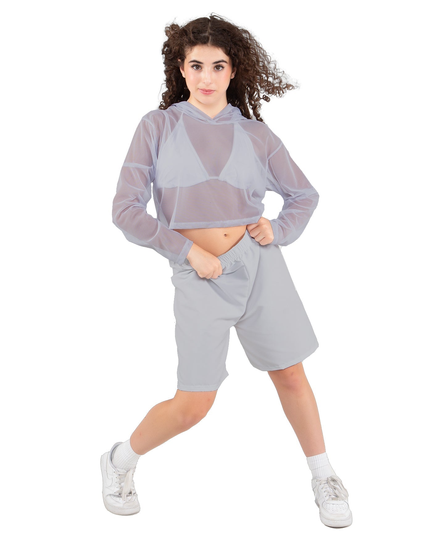 Solid Loose Mesh Hooded Top