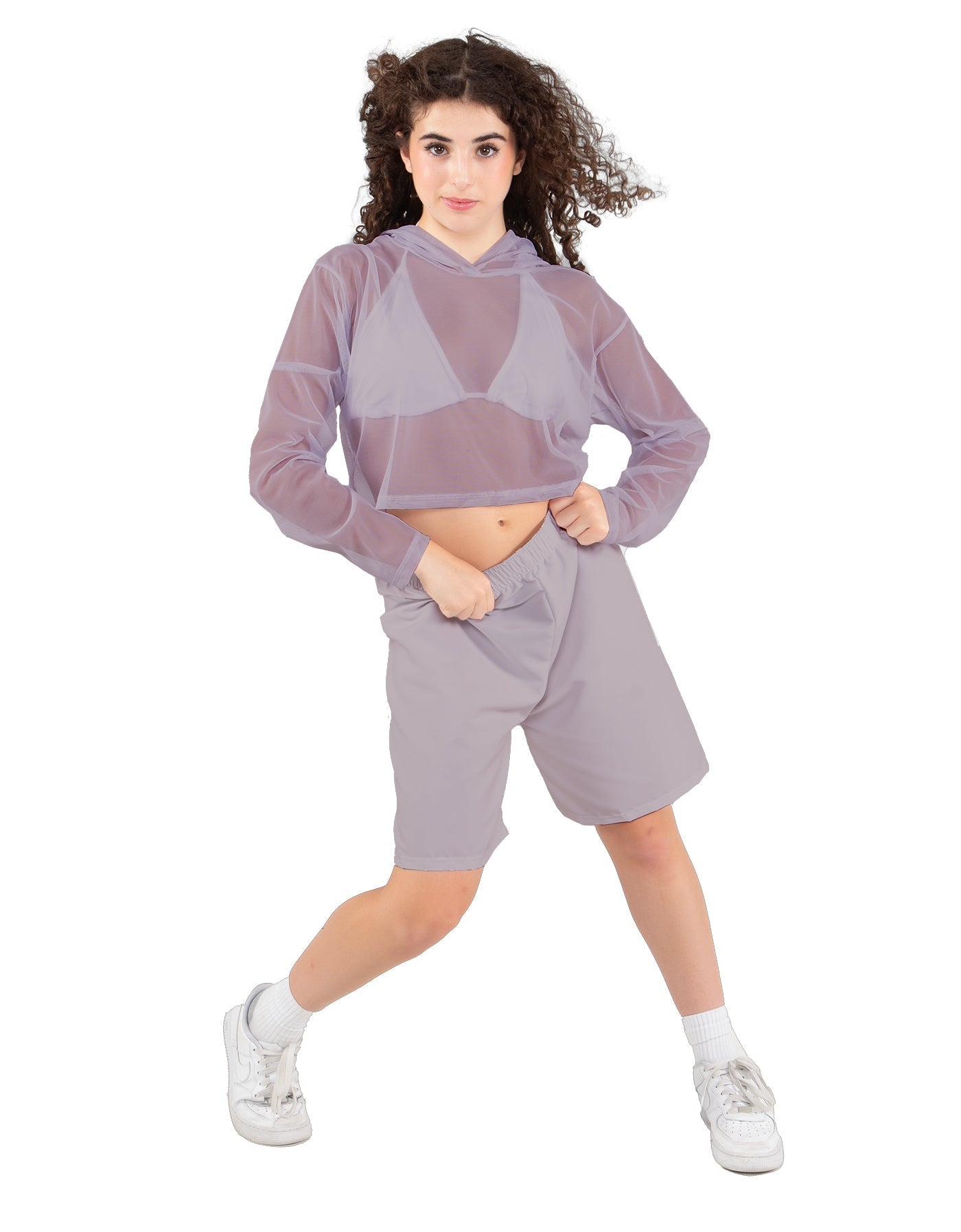 Solid Loose Mesh Hooded Top