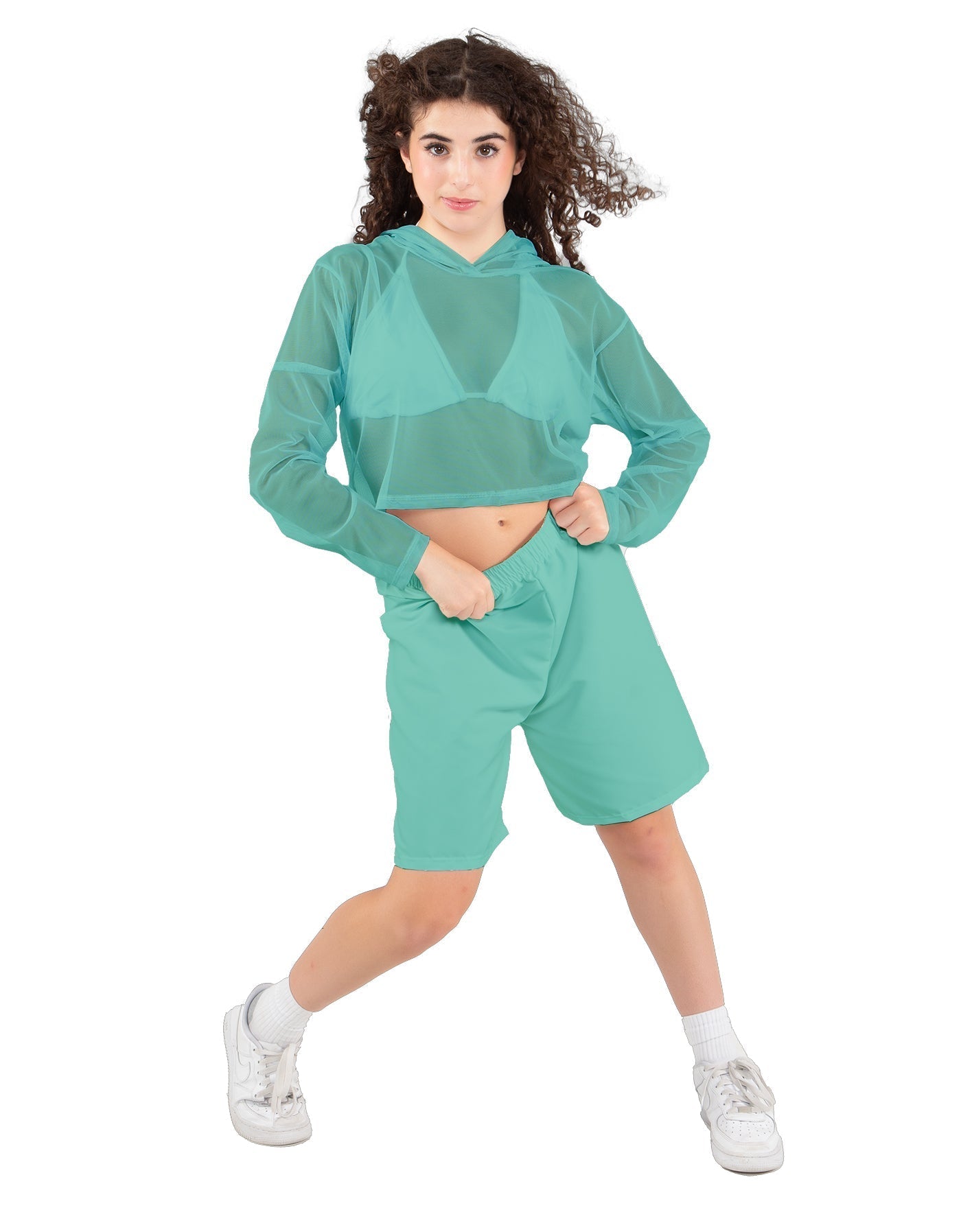 Solid Loose Mesh Hooded Top