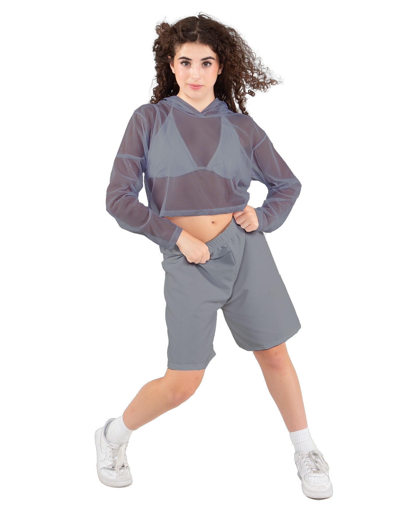 Solid Loose Mesh Hooded Top