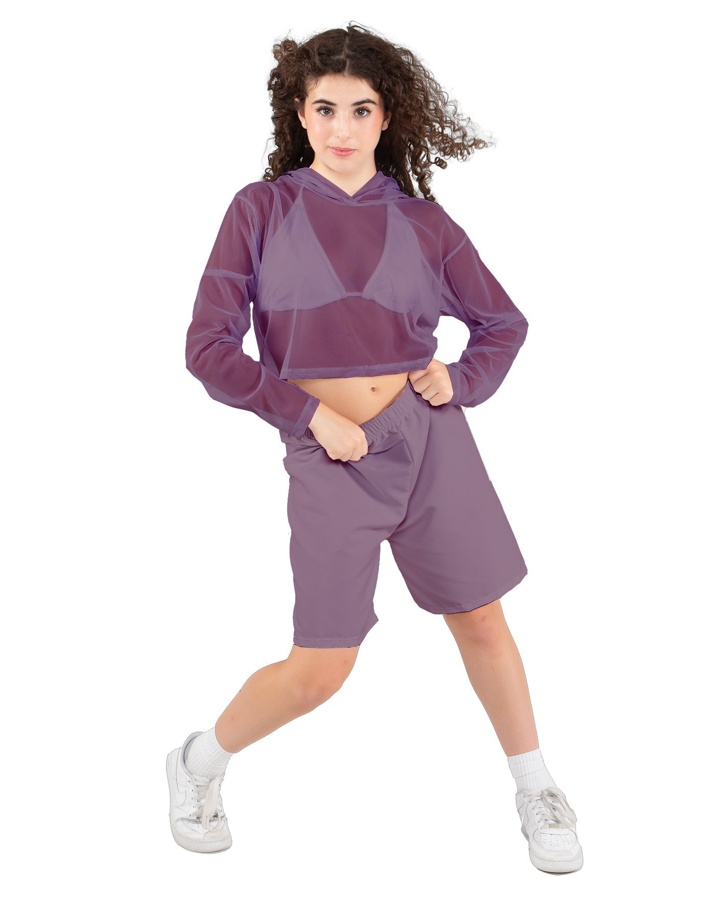Solid Loose Mesh Hooded Top
