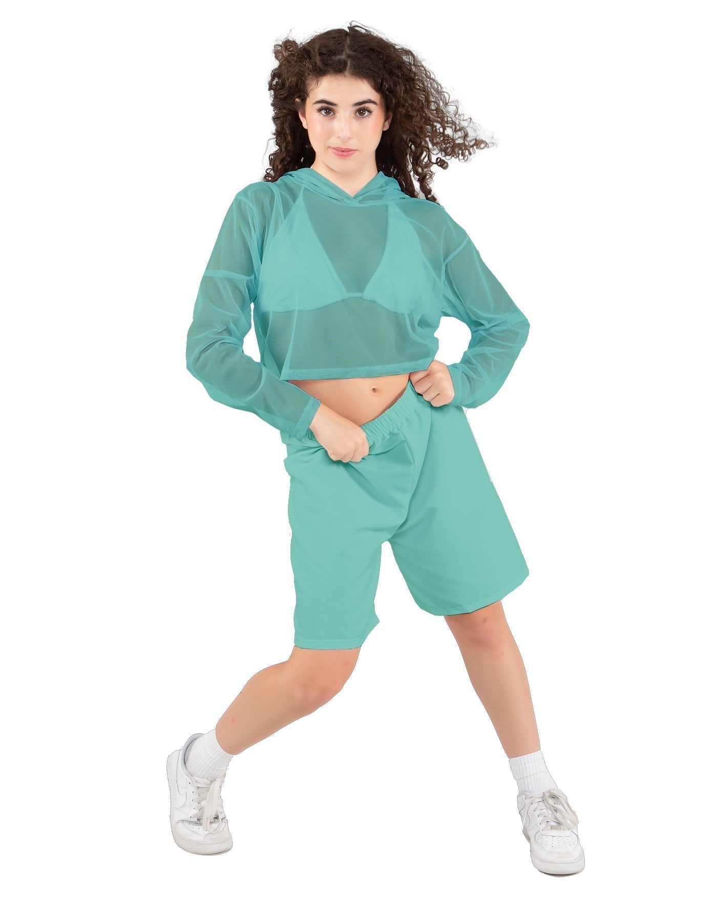 Solid Loose Mesh Hooded Top