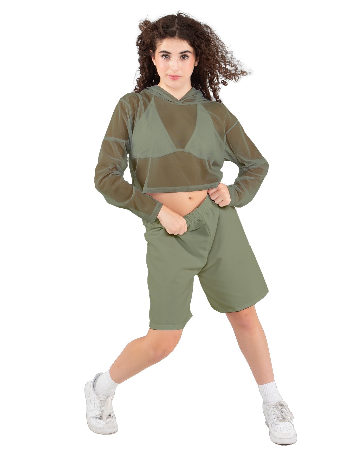 Solid Loose Mesh Hooded Top