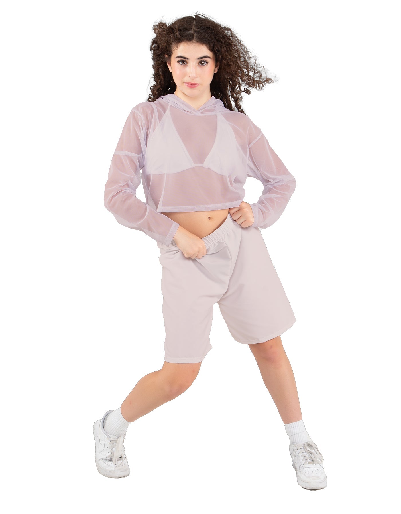 Solid Loose Mesh Hooded Top
