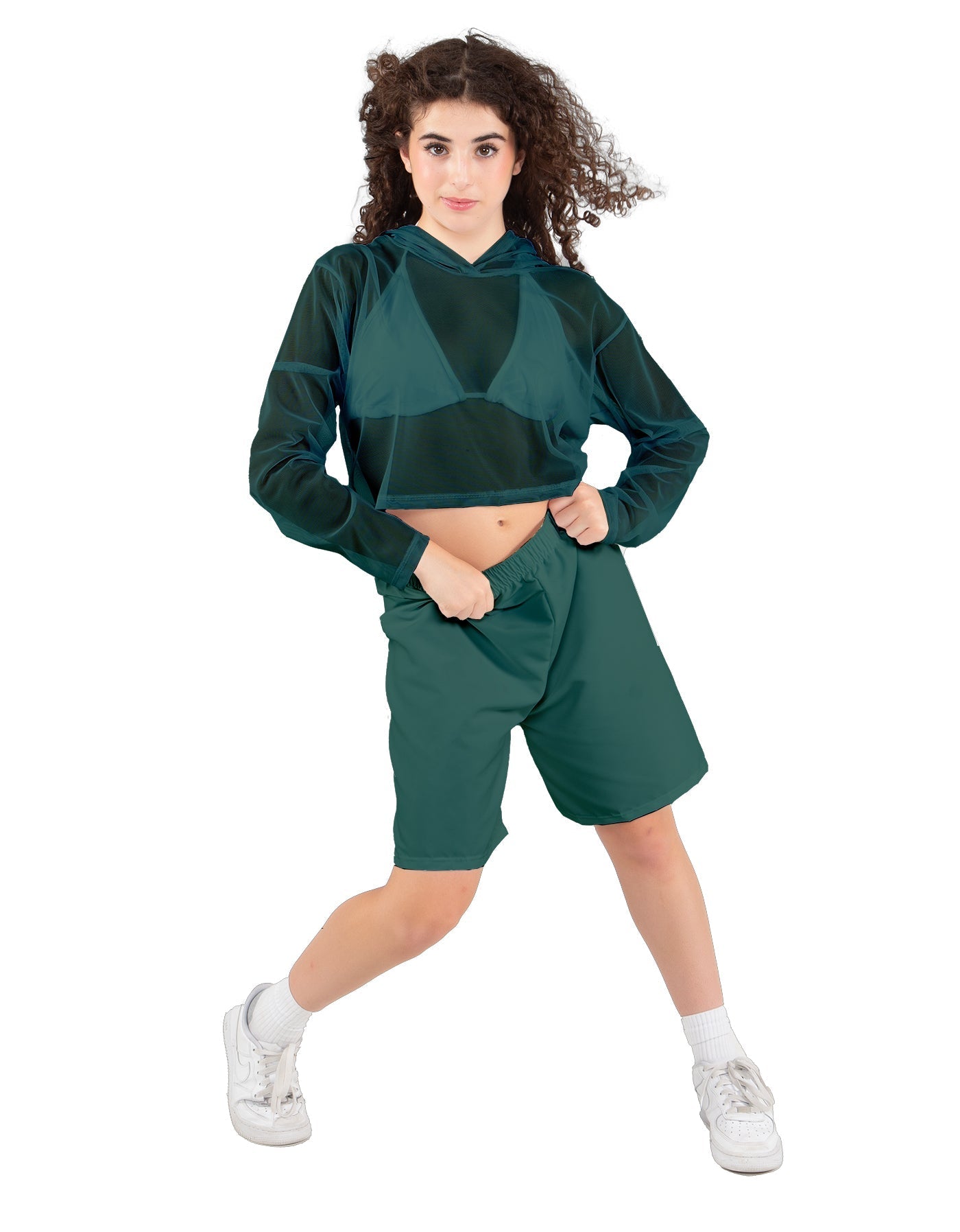 Solid Loose Mesh Hooded Top
