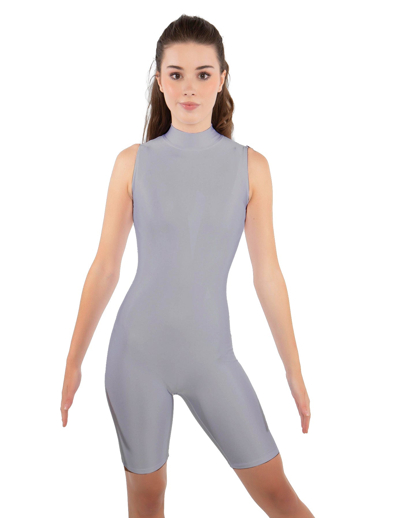 Solid Lycra T Neck Sleeveless Biketard - Bike Short Length - Zipper Back