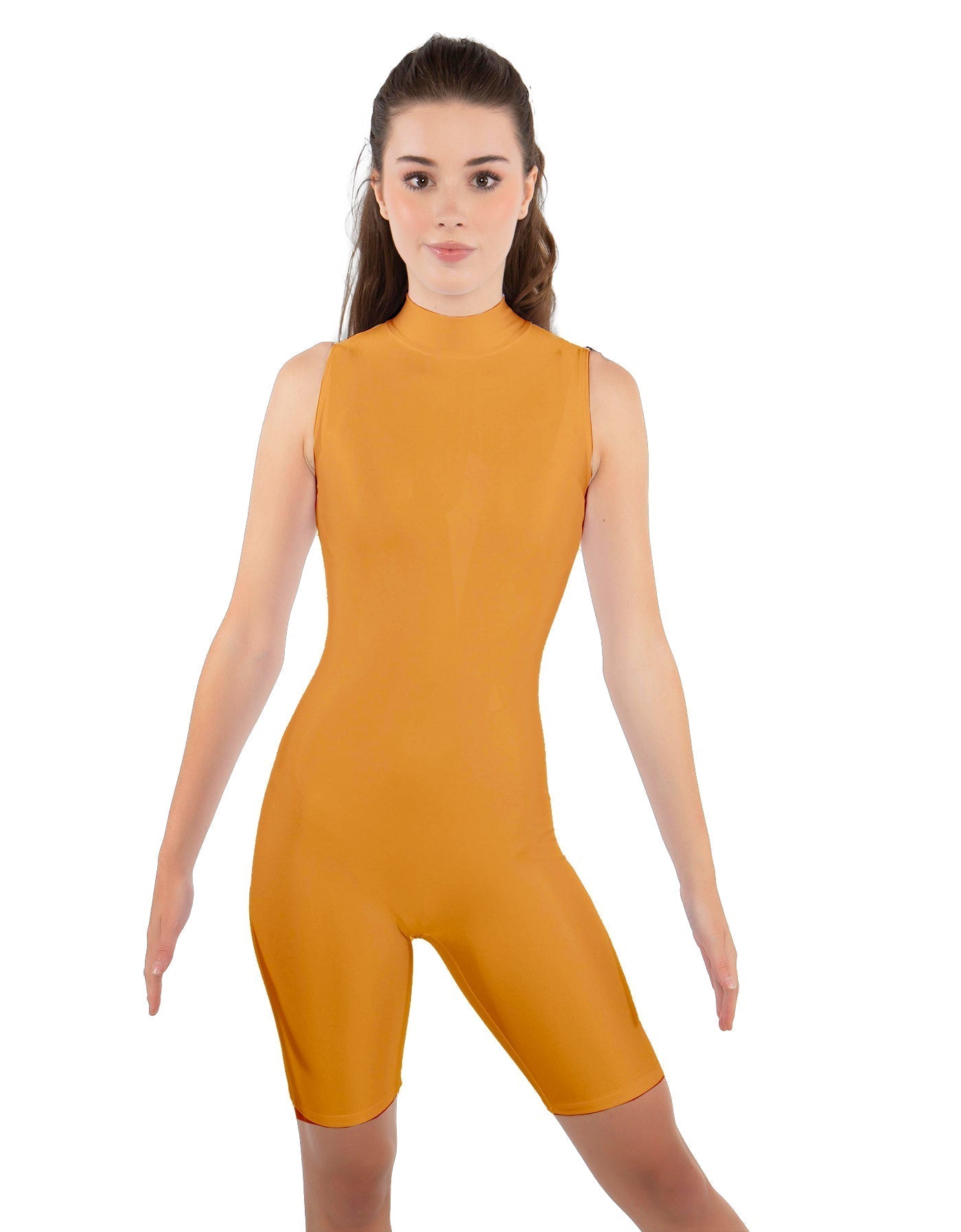 Solid Lycra T Neck Sleeveless Biketard - Bike Short Length - Zipper Back