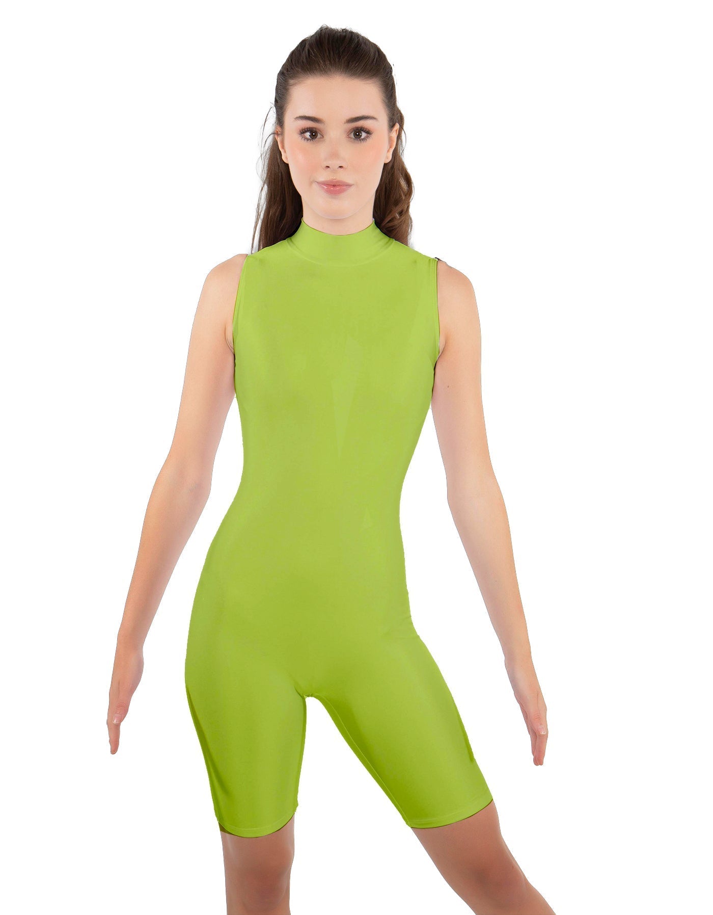 Solid Lycra T Neck Sleeveless Biketard - Bike Short Length - Zipper Back