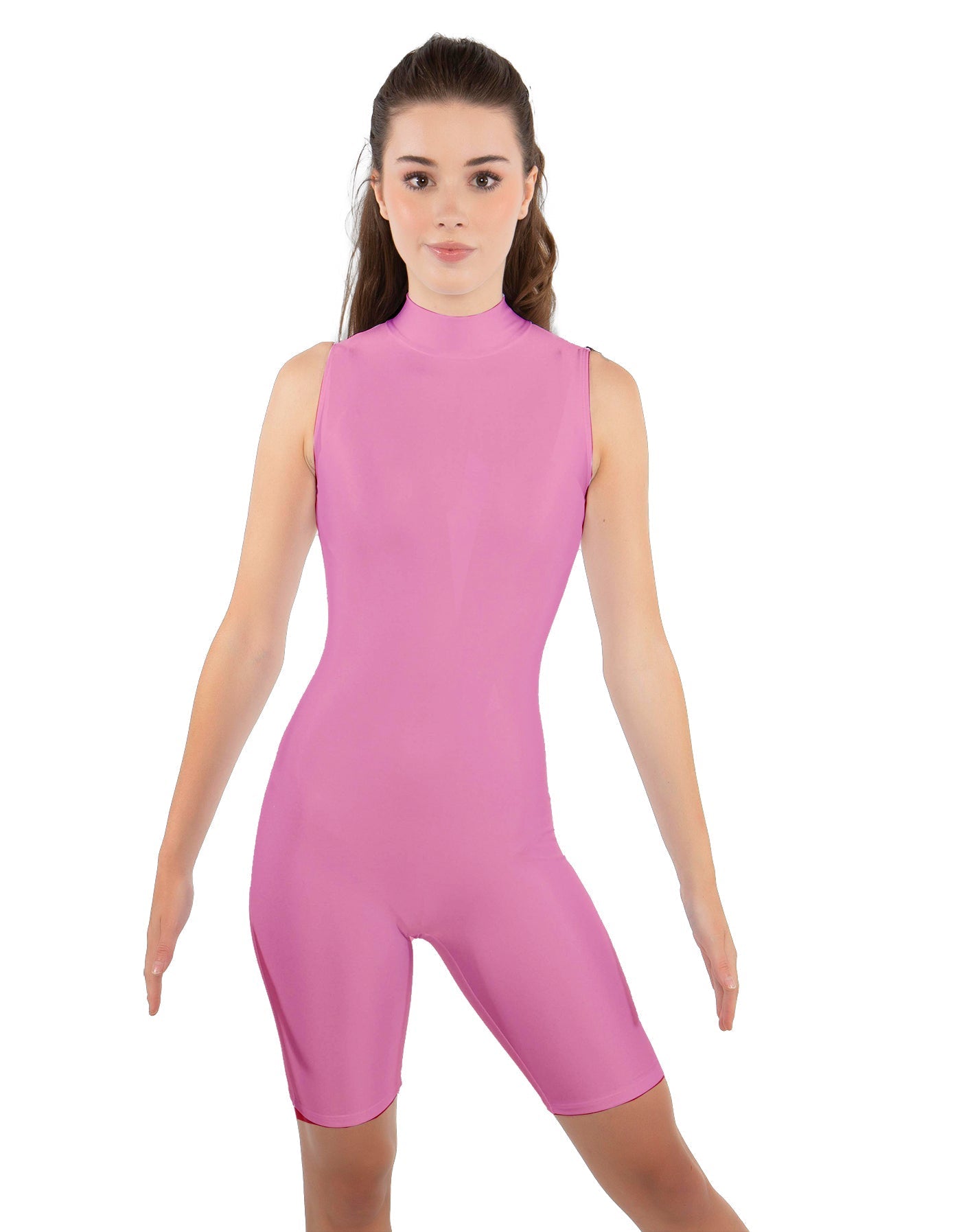 Solid Lycra T Neck Sleeveless Biketard - Bike Short Length - Zipper Back