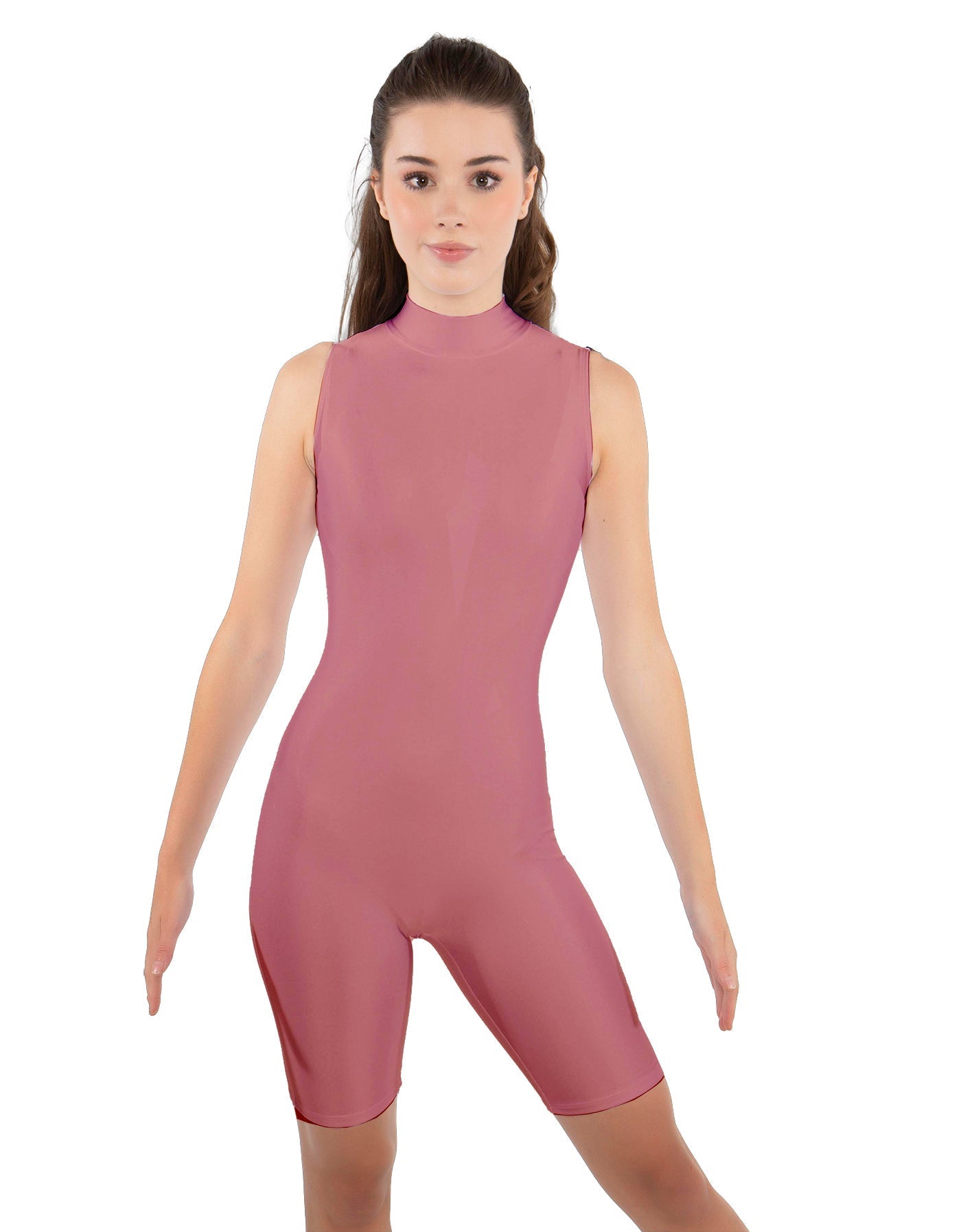 Solid Lycra T Neck Sleeveless Biketard - Bike Short Length - Zipper Back