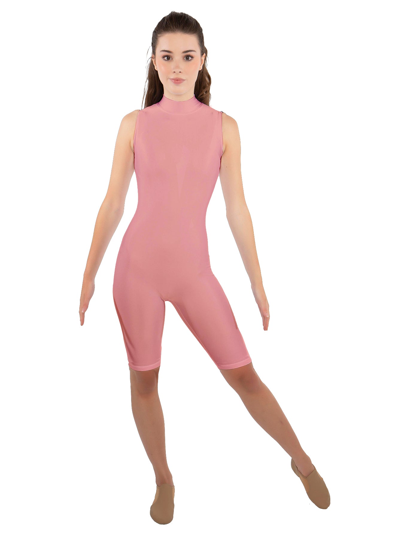Solid Lycra T Neck Sleeveless Biketard - Nicker Short Length - Zipper Back