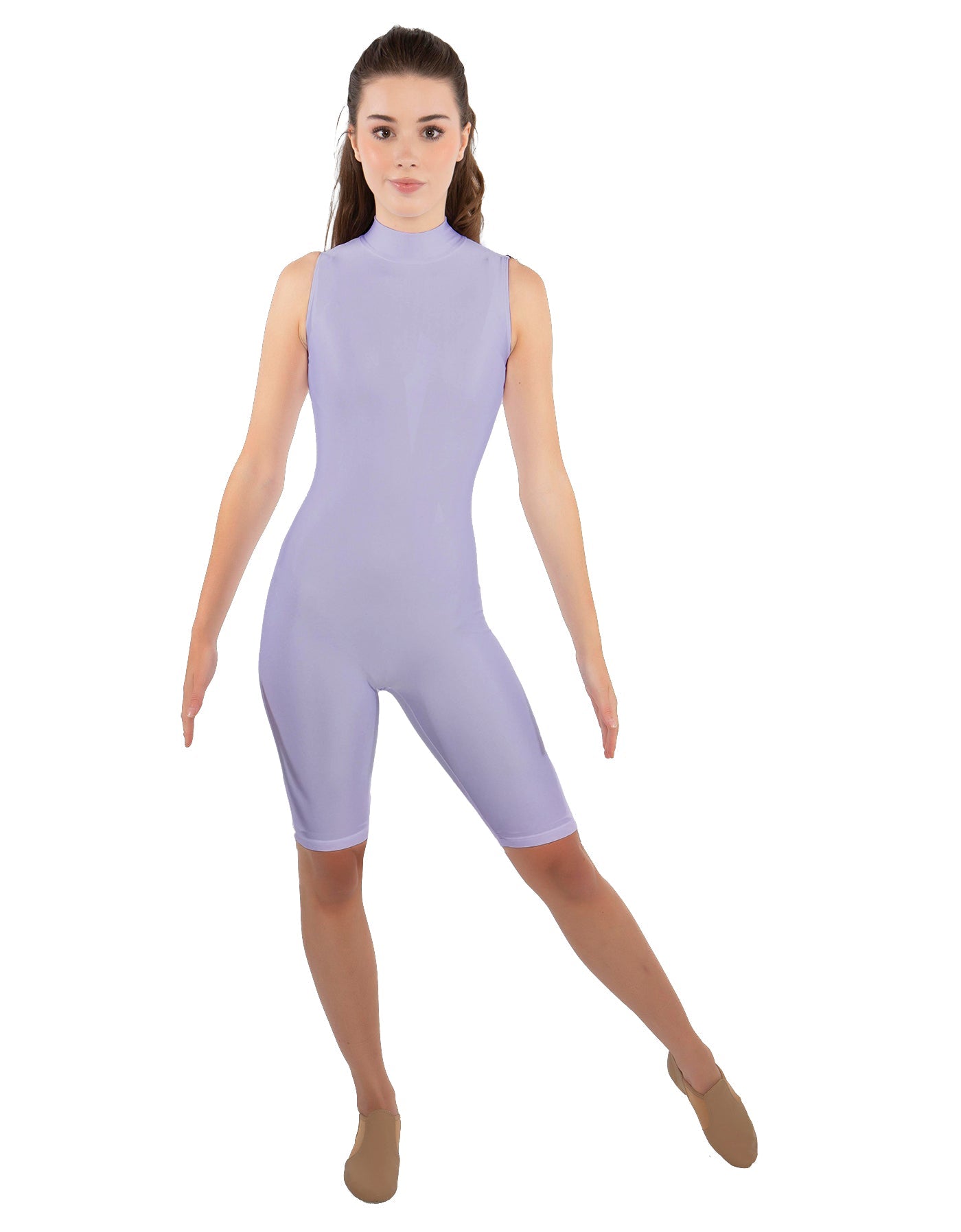 Solid Lycra T Neck Sleeveless Biketard - Nicker Short Length - Zipper Back