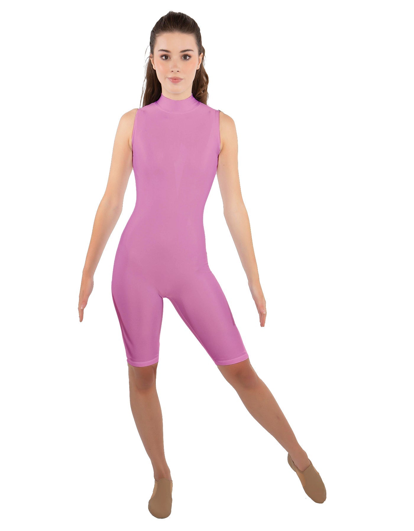 Solid Lycra T Neck Sleeveless Biketard - Nicker Short Length - Zipper Back