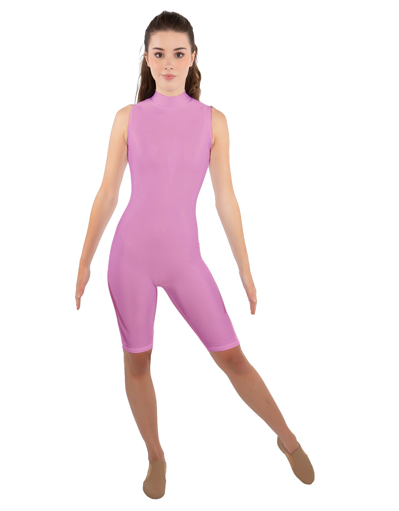 Solid Lycra T Neck Sleeveless Biketard - Nicker Short Length - Zipper Back
