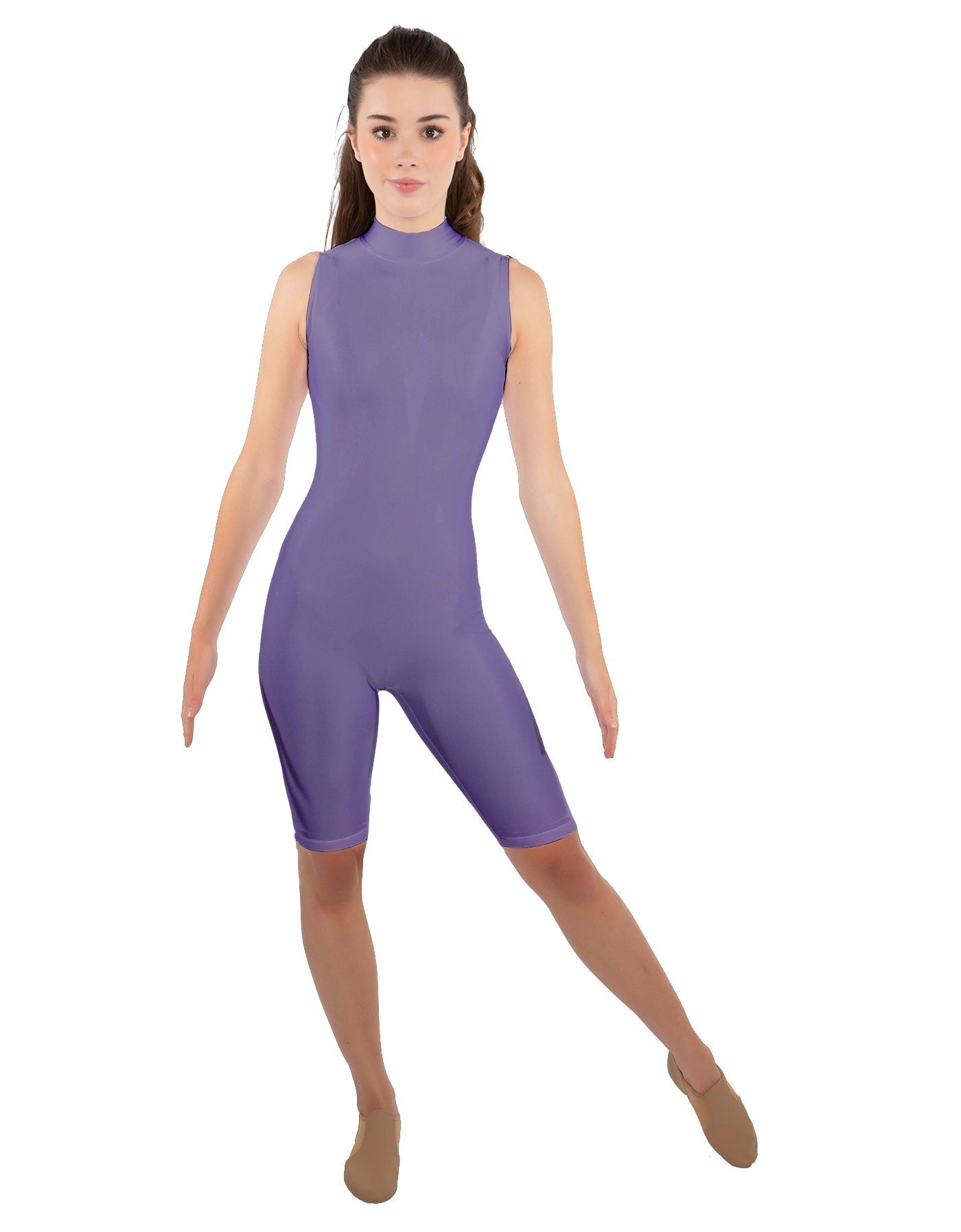 Solid Lycra T Neck Sleeveless Biketard - Nicker Short Length - Zipper Back