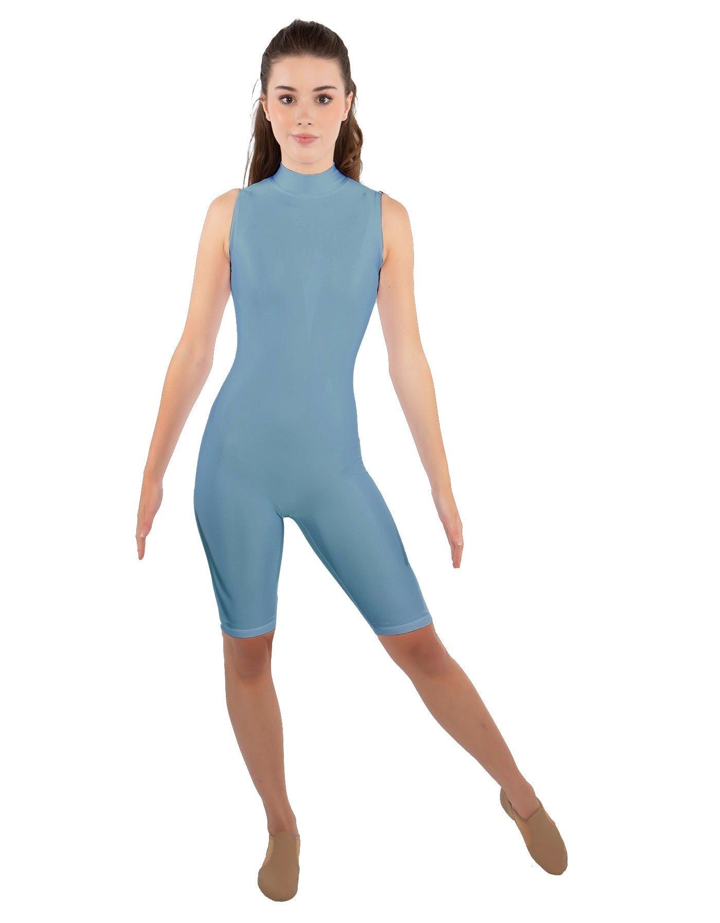 Solid Lycra T Neck Sleeveless Biketard - Nicker Short Length - Zipper Back