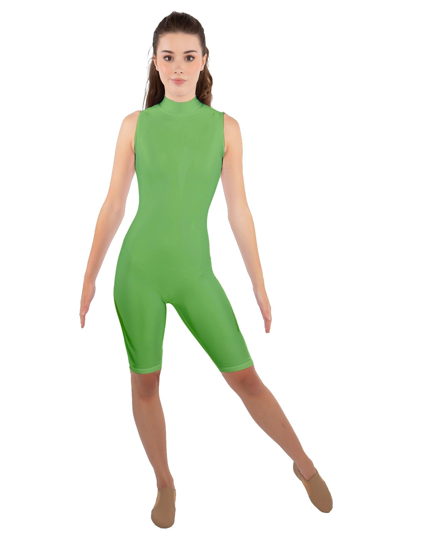Solid Lycra T Neck Sleeveless Biketard - Nicker Short Length - Zipper Back