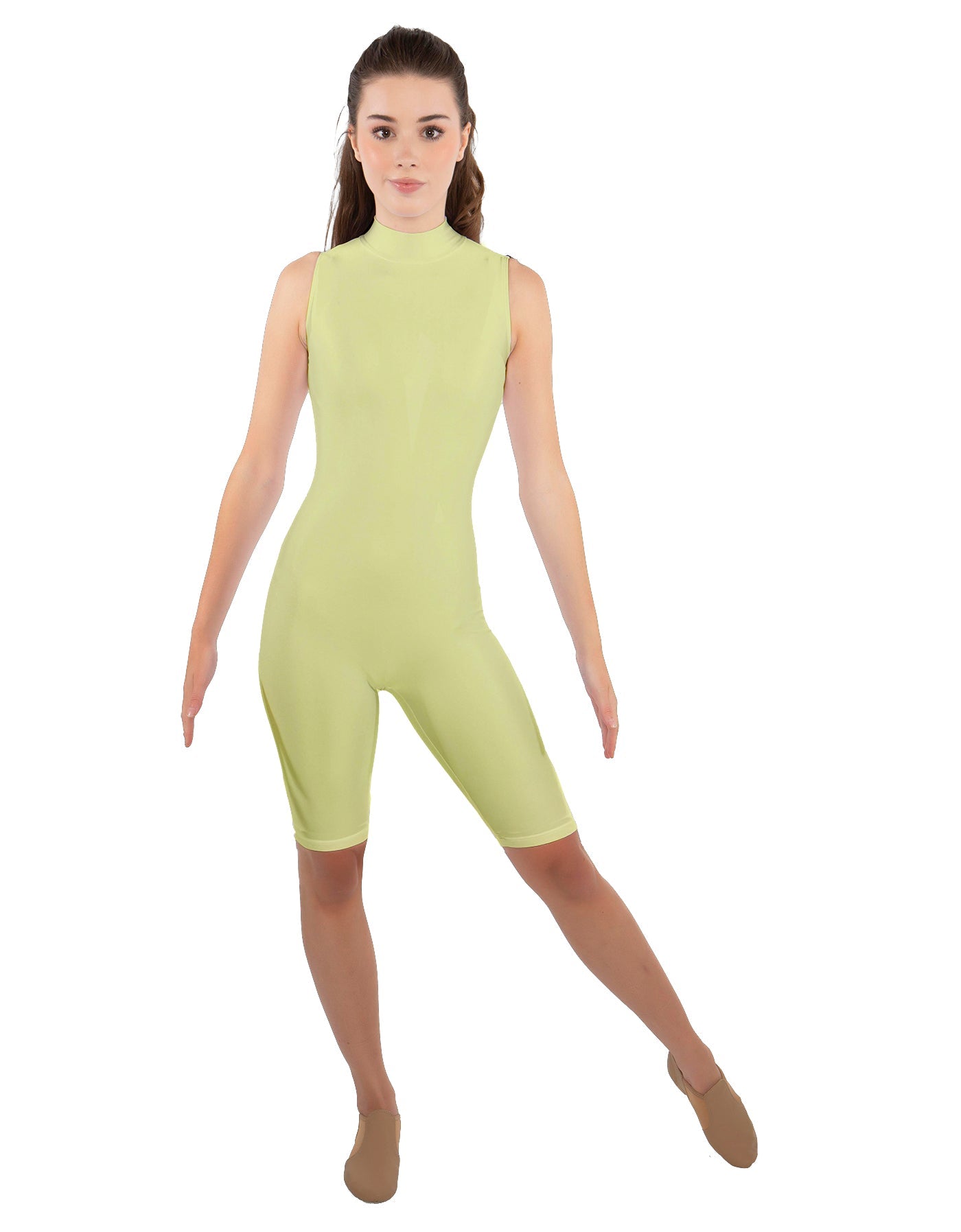 Solid Lycra T Neck Sleeveless Biketard - Nicker Short Length - Zipper Back
