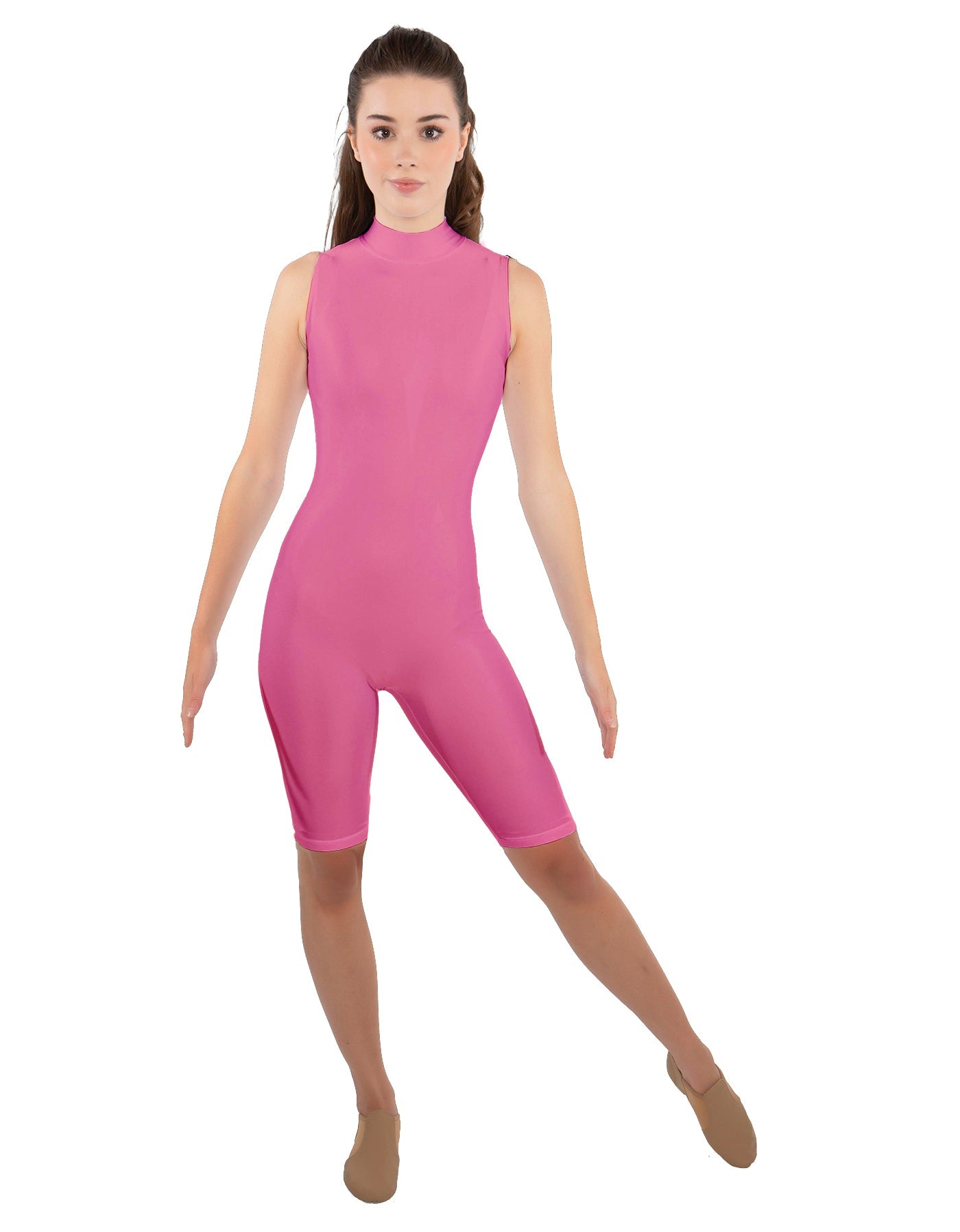 Solid Lycra T Neck Sleeveless Biketard - Nicker Short Length - Zipper Back