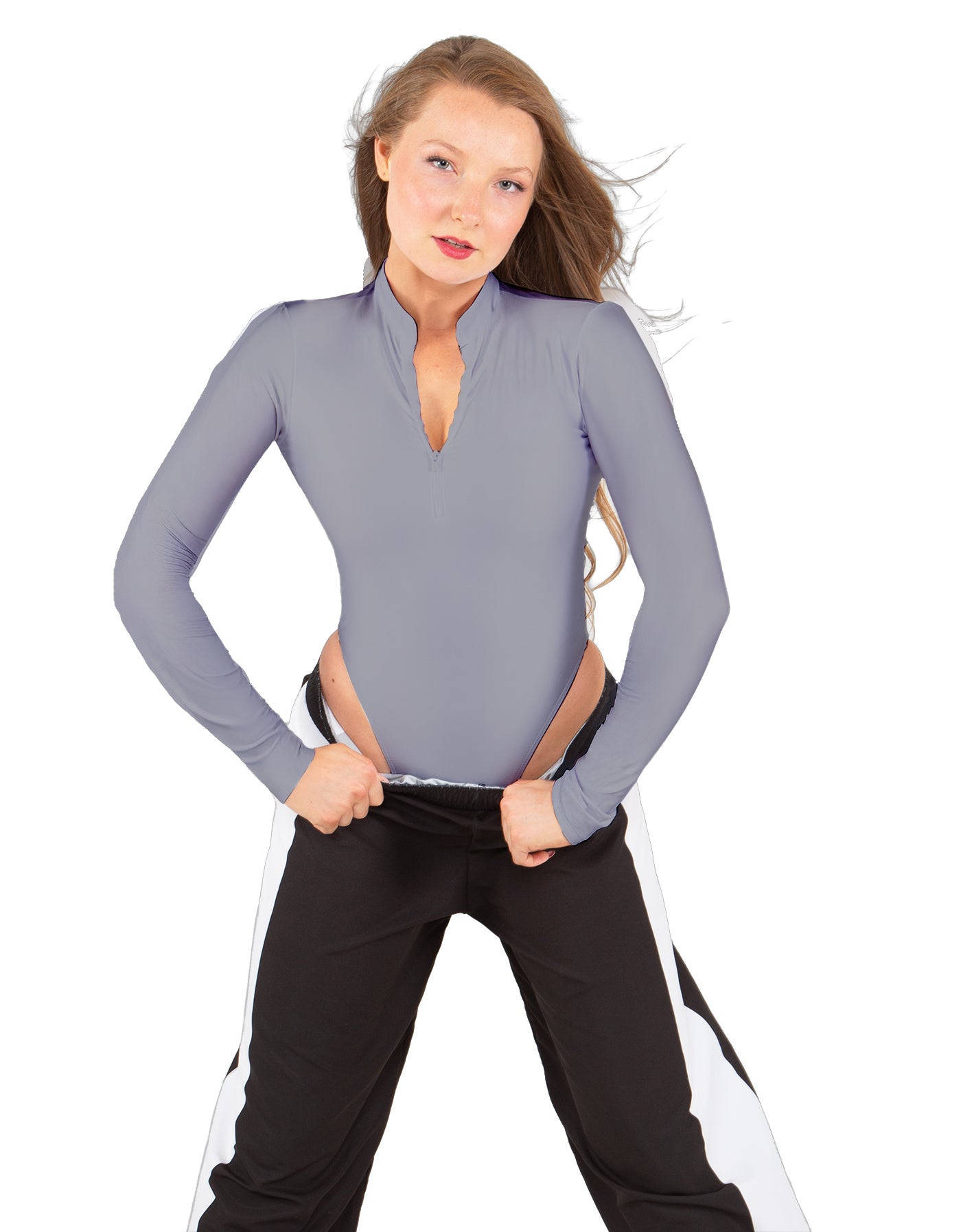 Solid Lycra LS TNeck Zipper Front Leotard High Cut Leg