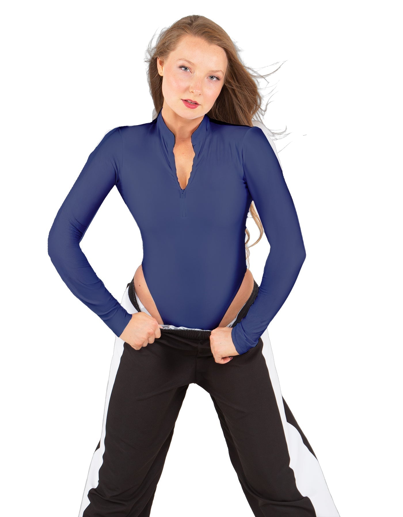 Solid Lycra LS TNeck Zipper Front Leotard High Cut Leg