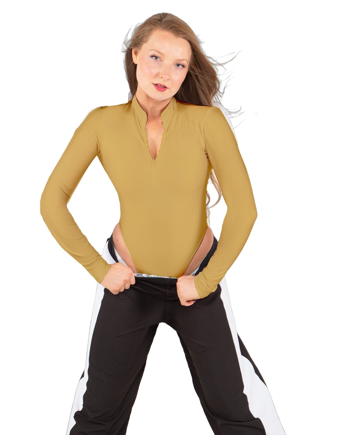 Solid Lycra LS TNeck Zipper Front Leotard High Cut Leg