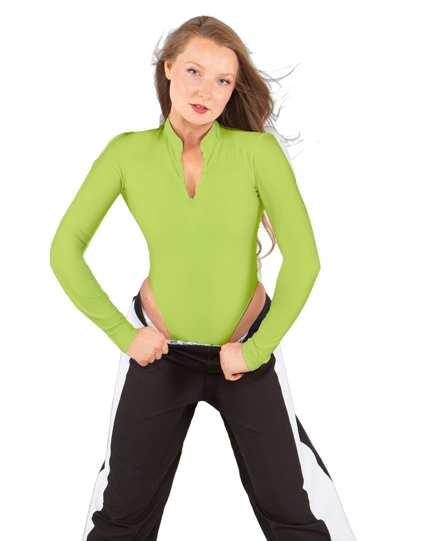 Solid Lycra LS TNeck Zipper Front Leotard High Cut Leg