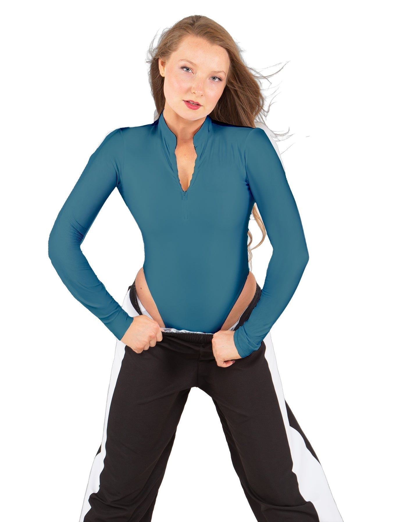 Solid Lycra LS TNeck Zipper Front Leotard High Cut Leg