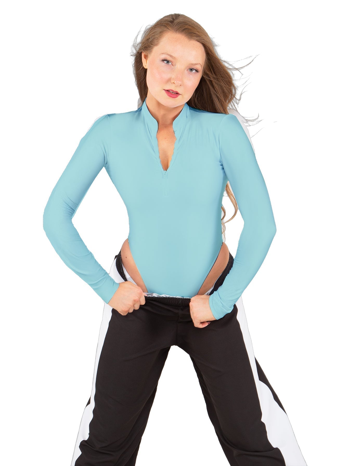 Solid Lycra LS TNeck Zipper Front Leotard High Cut Leg