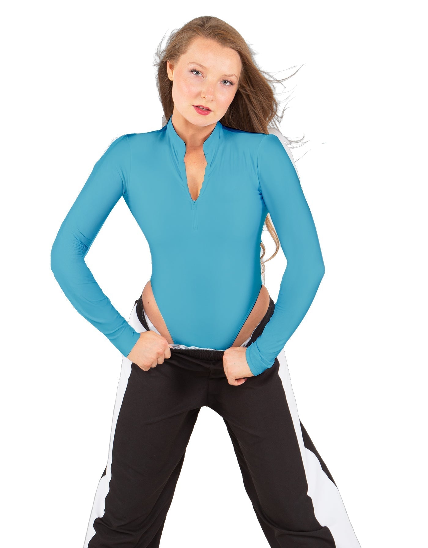 Solid Lycra LS TNeck Zipper Front Leotard High Cut Leg