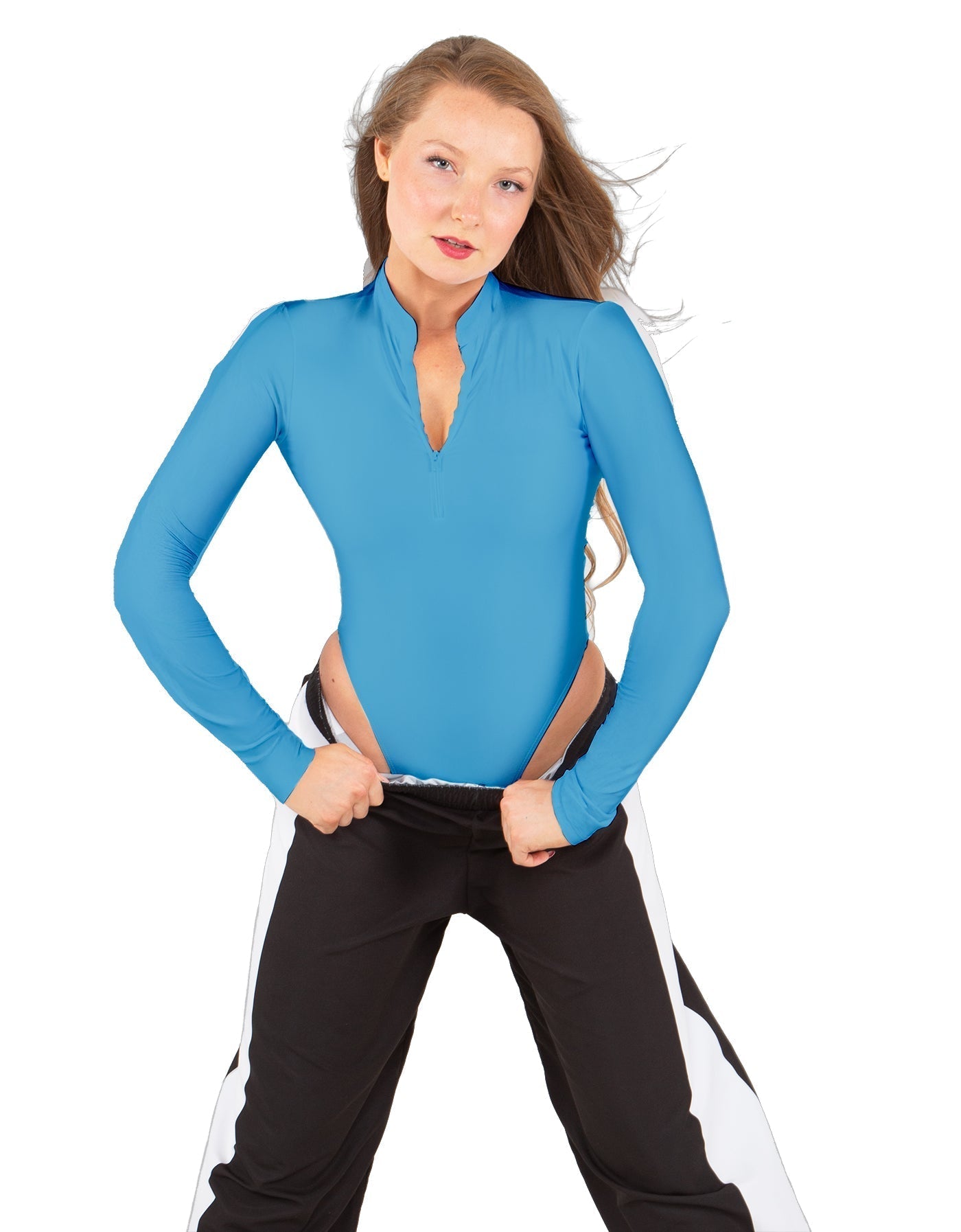 Solid Lycra LS TNeck Zipper Front Leotard High Cut Leg