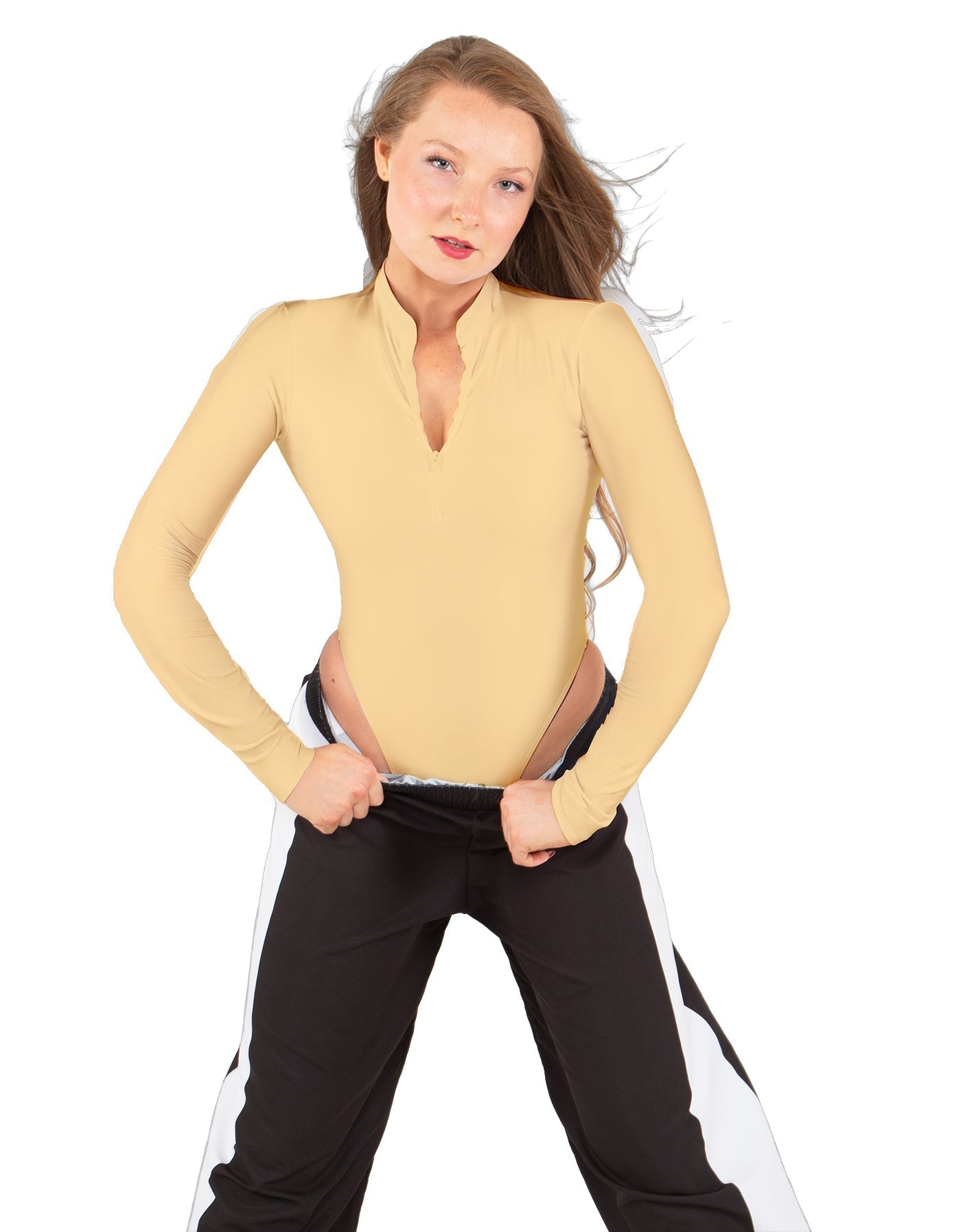 Solid Lycra LS TNeck Zipper Front Leotard High Cut Leg