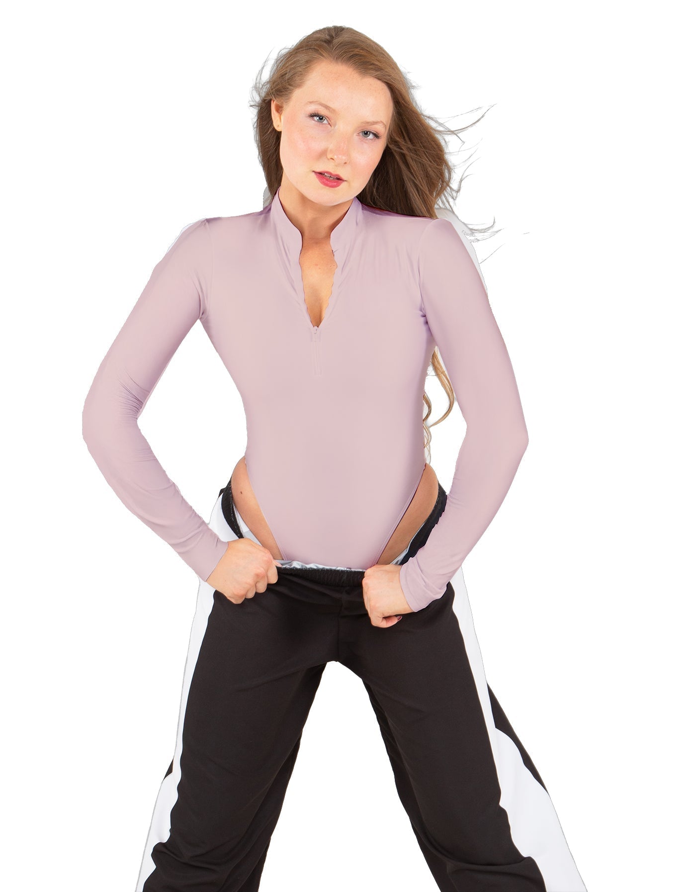 Solid Lycra LS TNeck Zipper Front Leotard High Cut Leg