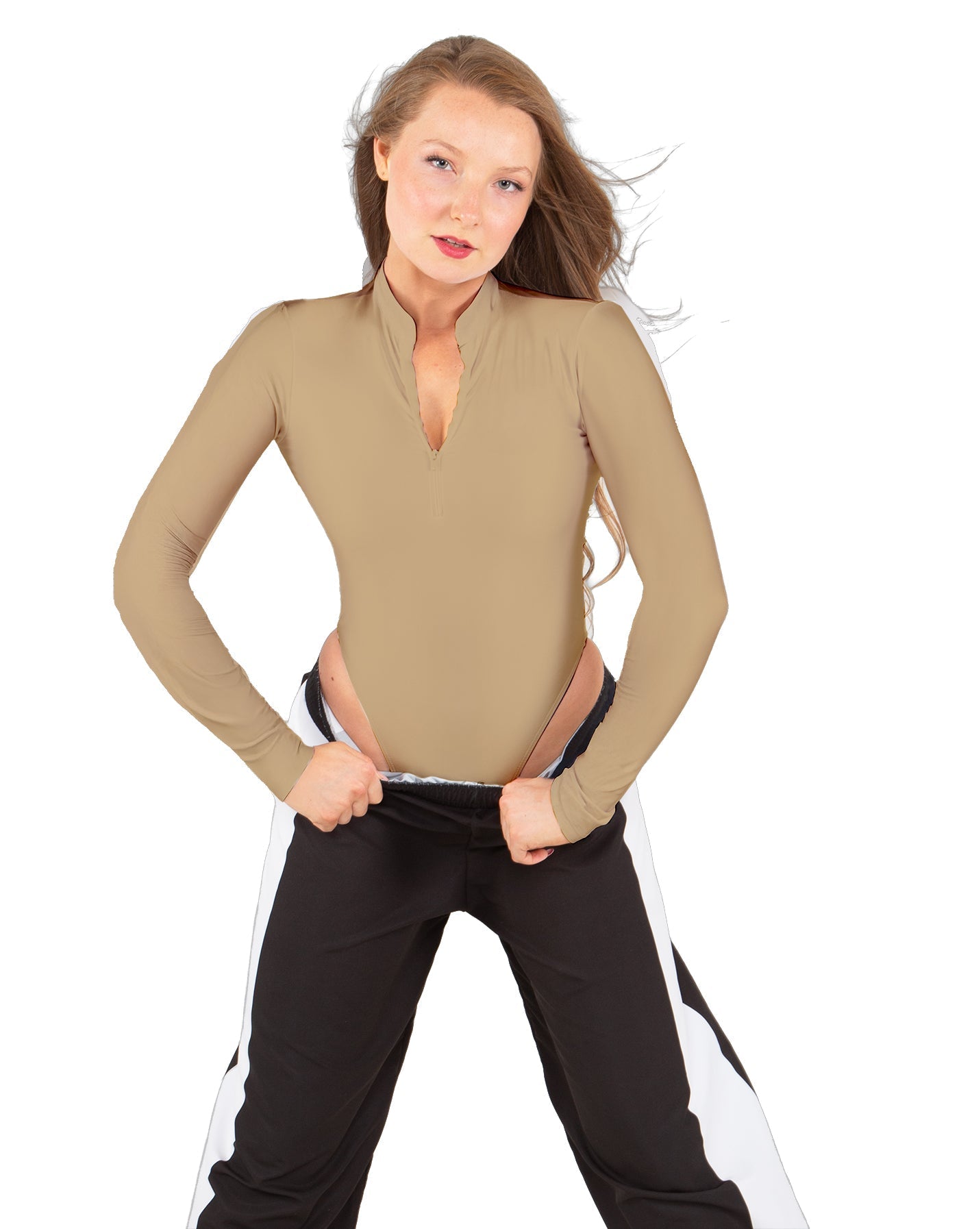 Solid Lycra LS TNeck Zipper Front Leotard High Cut Leg