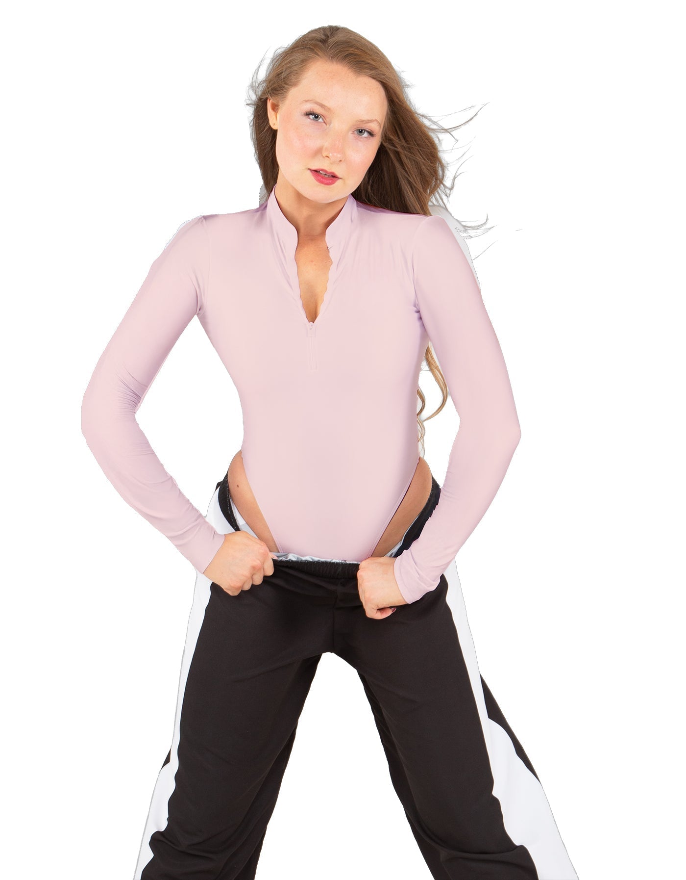 Solid Lycra LS TNeck Zipper Front Leotard High Cut Leg