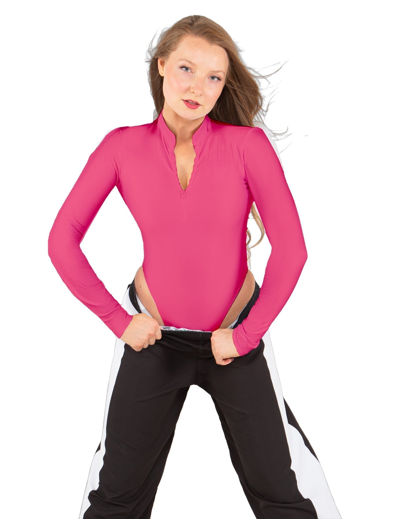 Solid Lycra LS TNeck Zipper Front Leotard High Cut Leg