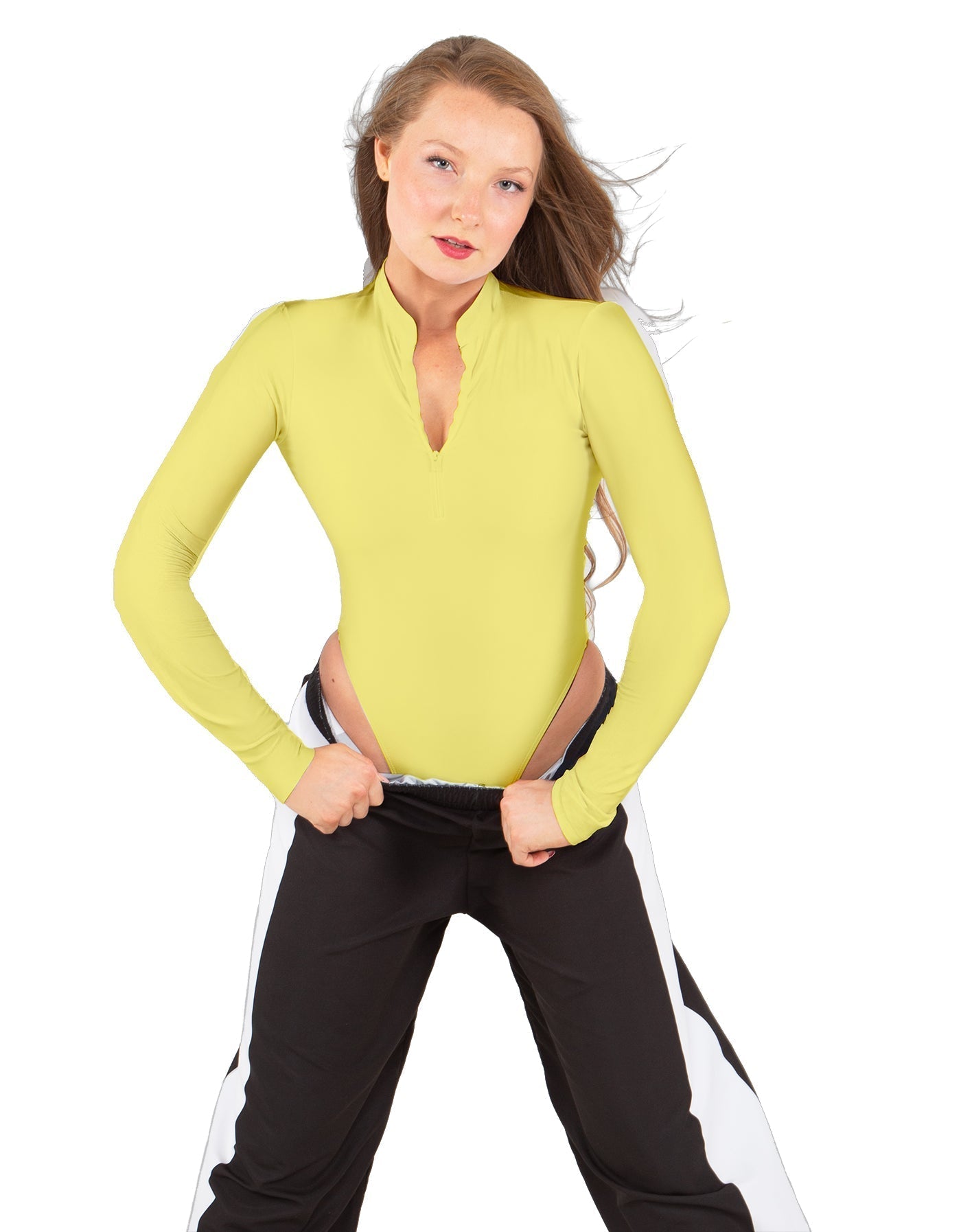 Solid Lycra LS TNeck Zipper Front Leotard High Cut Leg