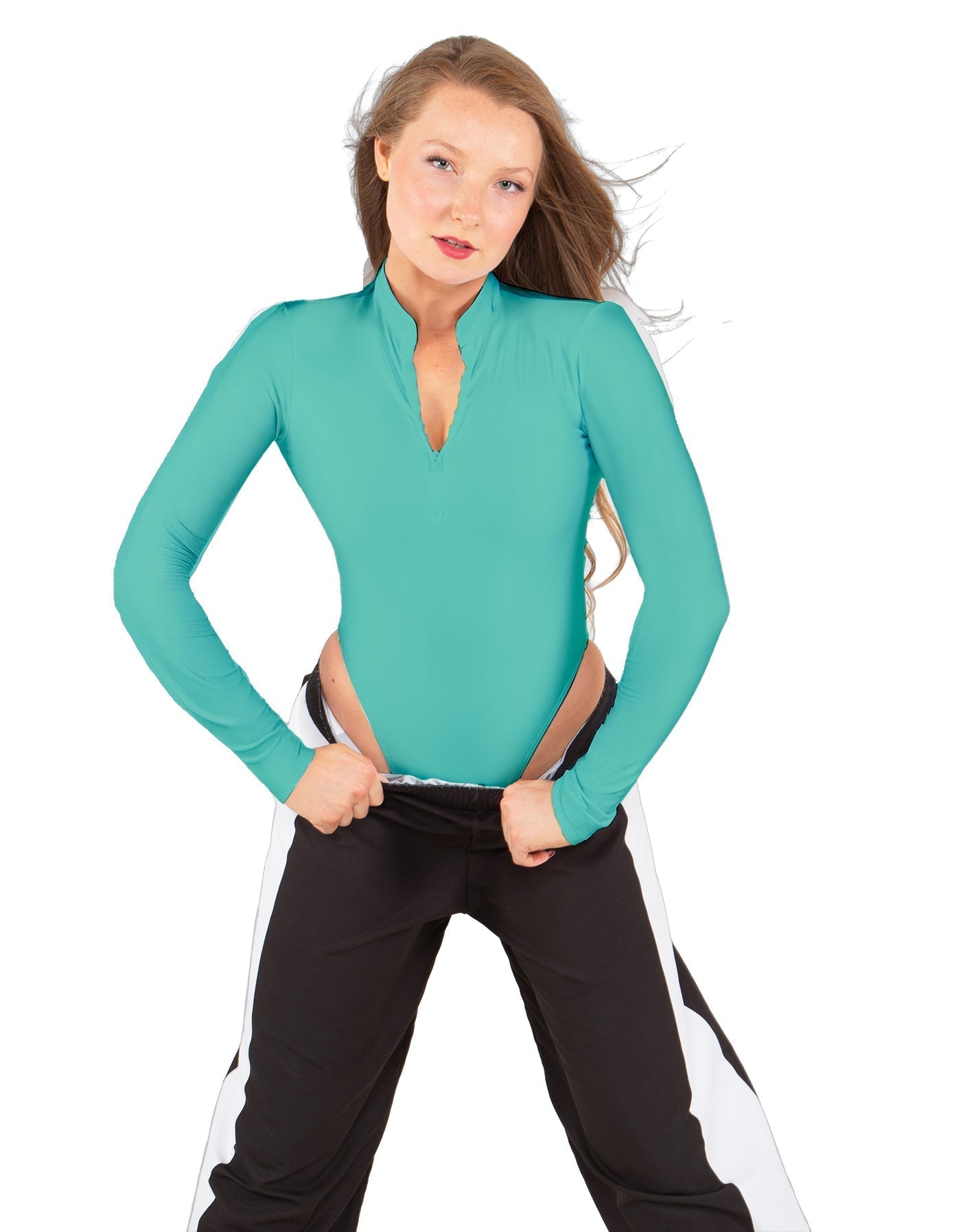 Solid Lycra LS TNeck Zipper Front Leotard High Cut Leg