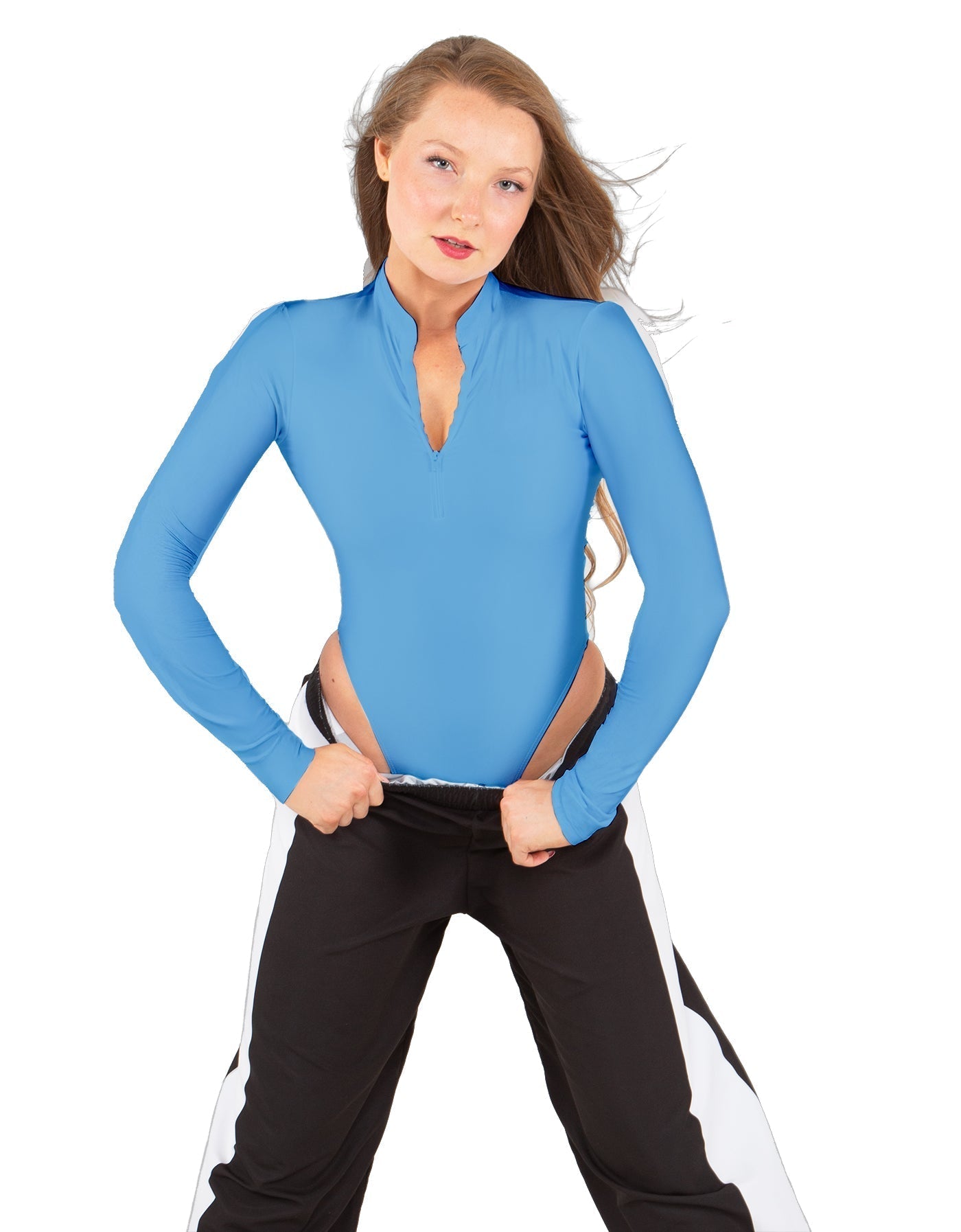 Solid Lycra LS TNeck Zipper Front Leotard High Cut Leg