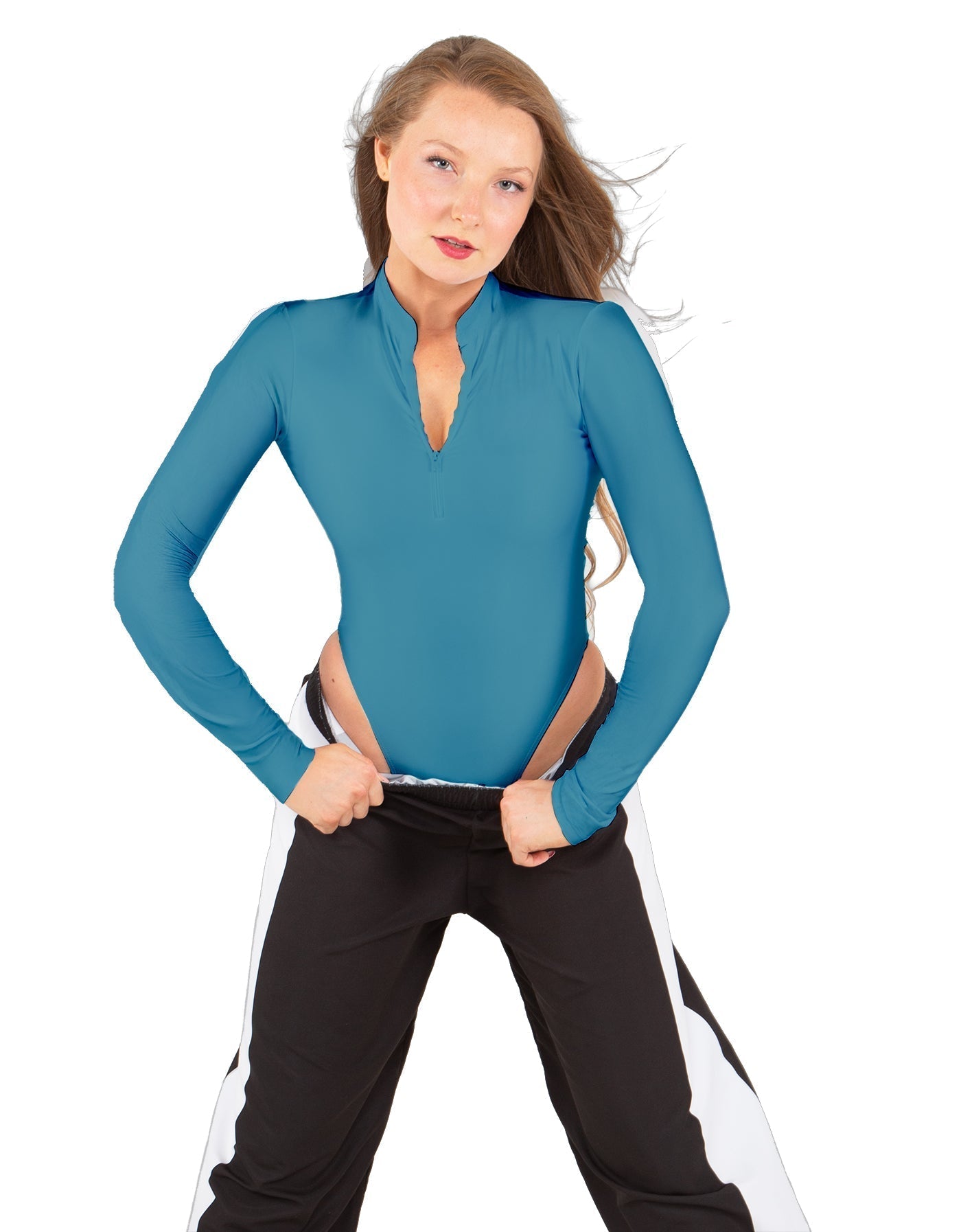 Solid Lycra LS TNeck Zipper Front Leotard High Cut Leg