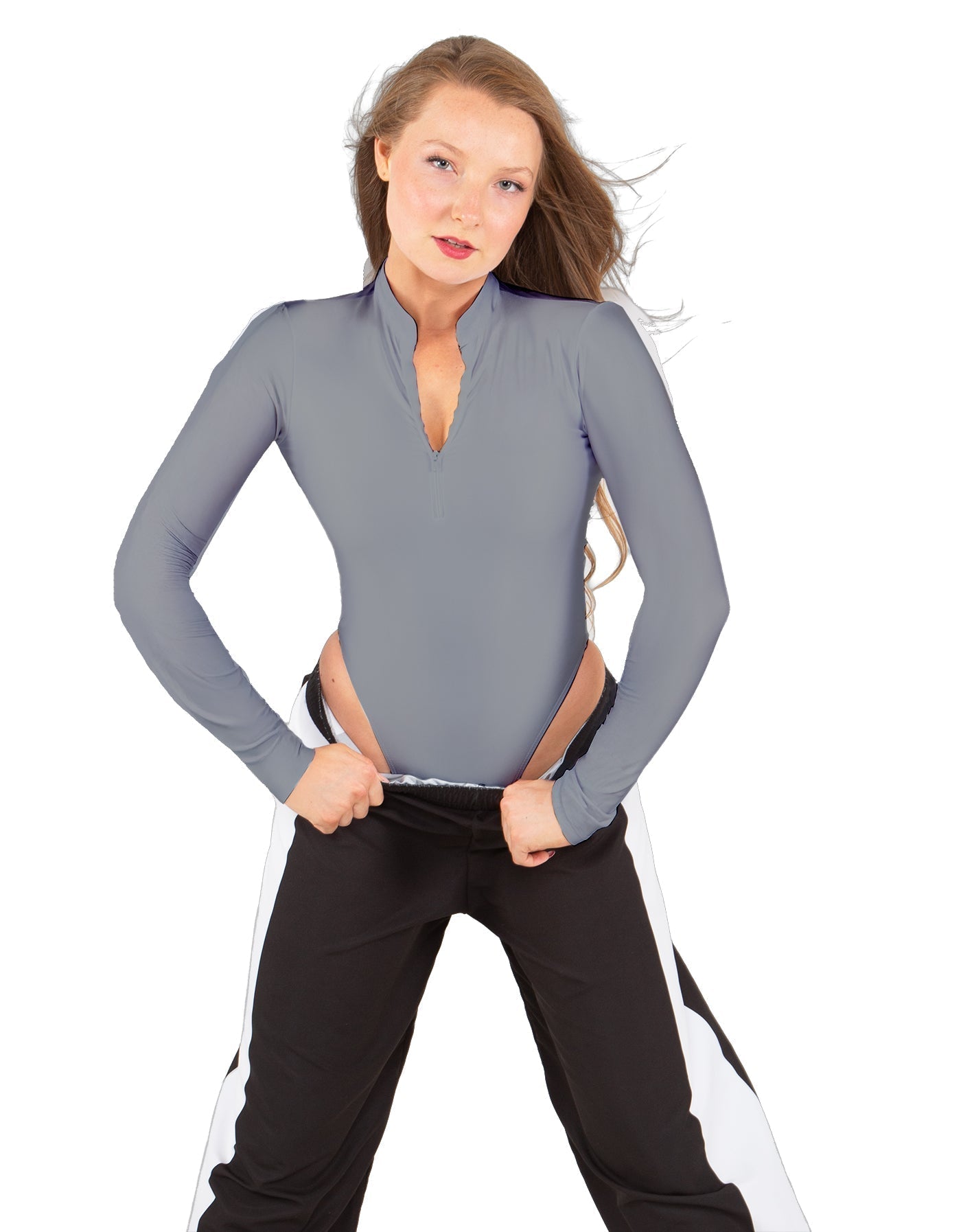 Solid Lycra LS TNeck Zipper Front Leotard High Cut Leg
