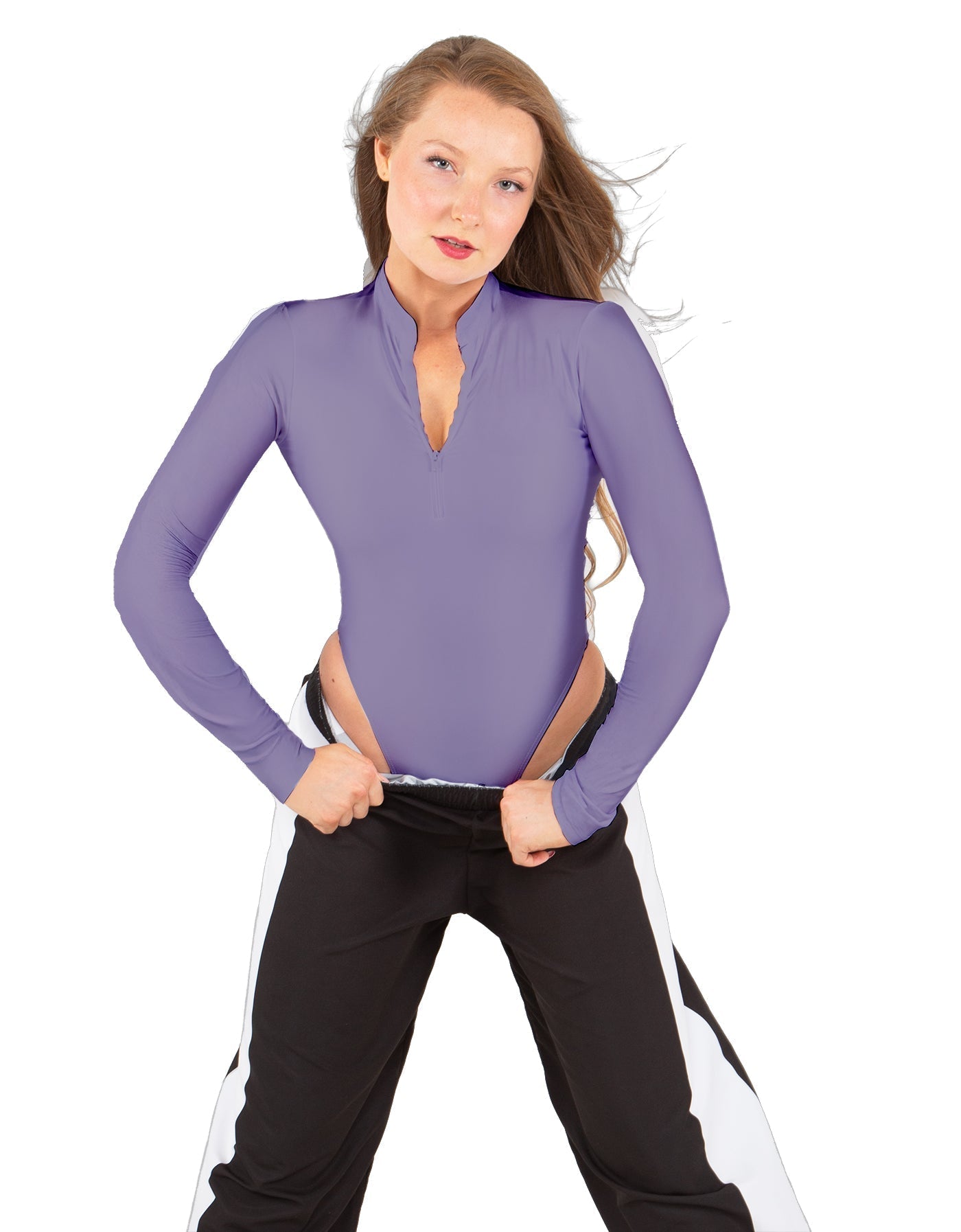 Solid Lycra LS TNeck Zipper Front Leotard High Cut Leg